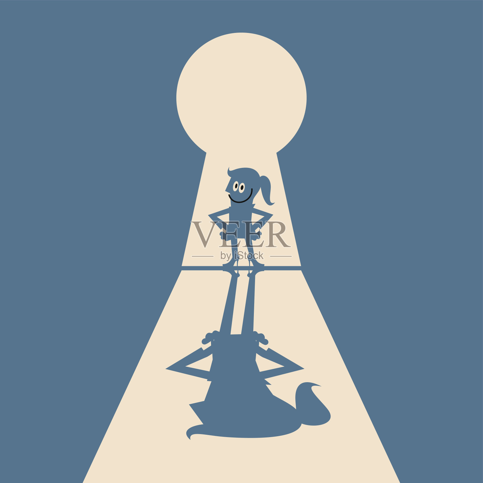 成功的钥匙,商界女性站在入口的锁眼里插画图片素材