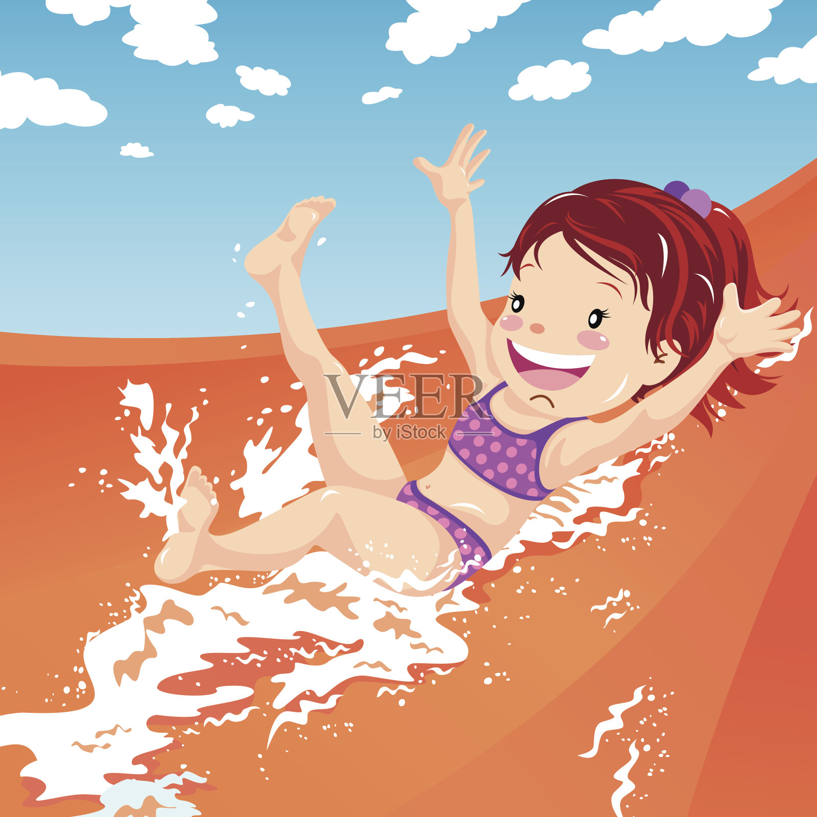 十几岁的女孩从水滑梯上飞溅而下插画图片素材