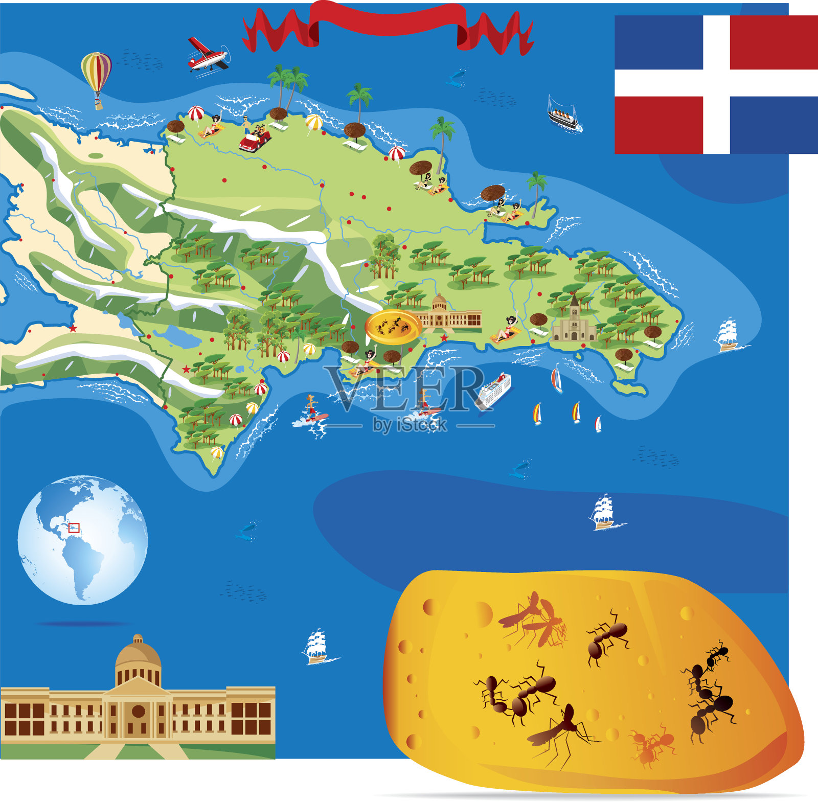 多米尼加的卡通地图插画图片素材