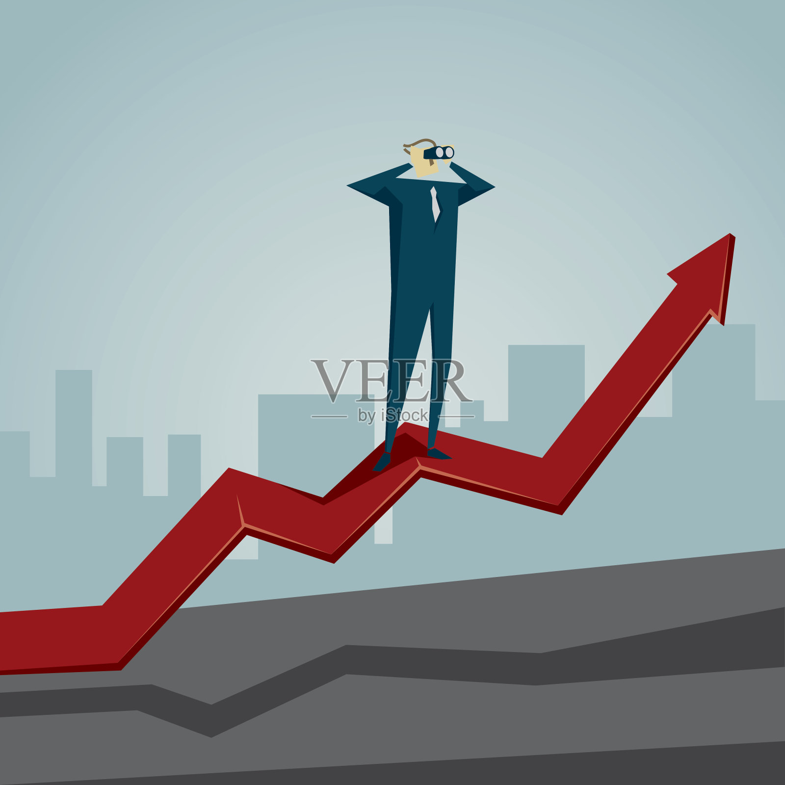 卡通人物站在向上的红色箭头上插画图片素材