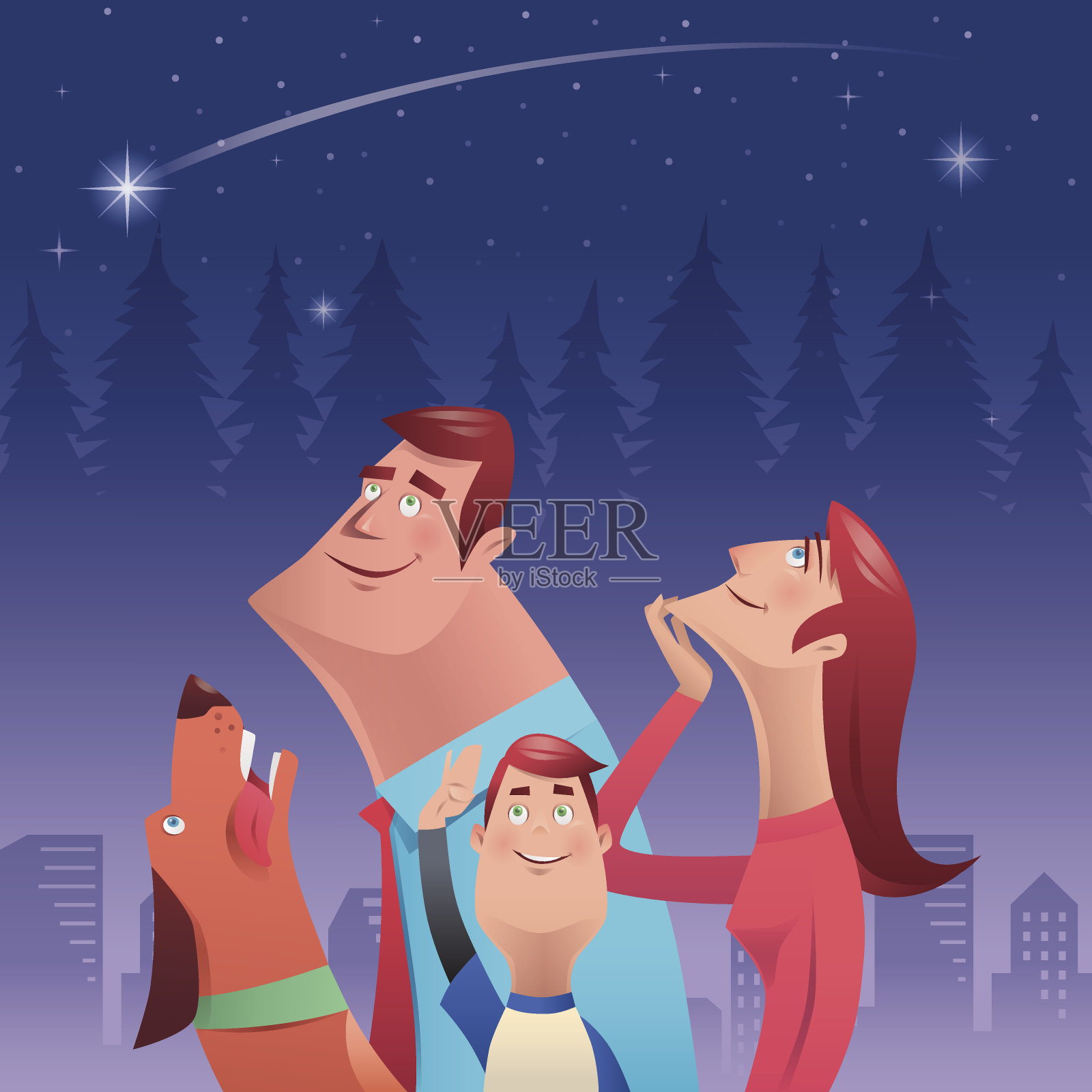 一家人看着夜空插画图片素材