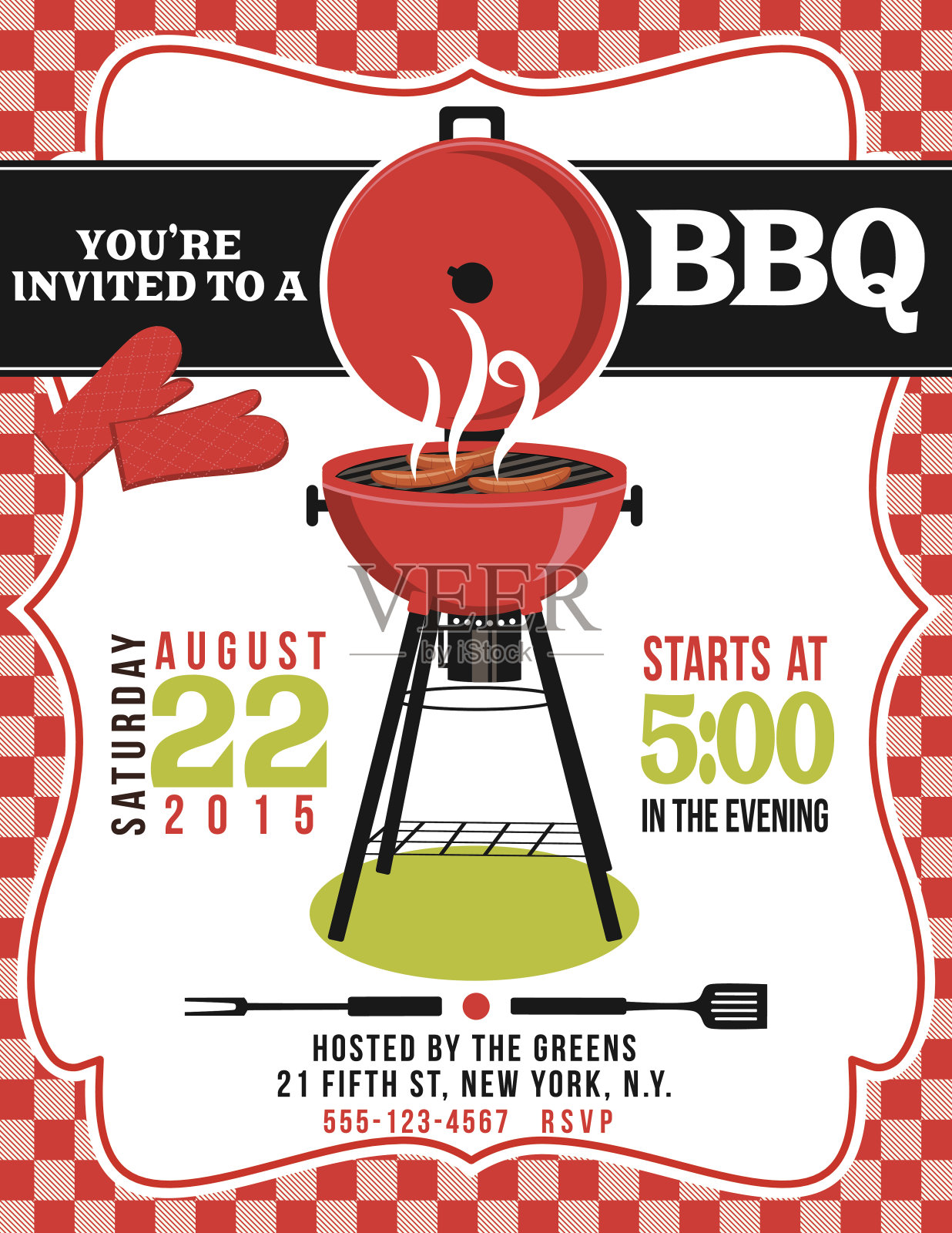 红白格子背景上的烧烤邀请模板设计模板素材