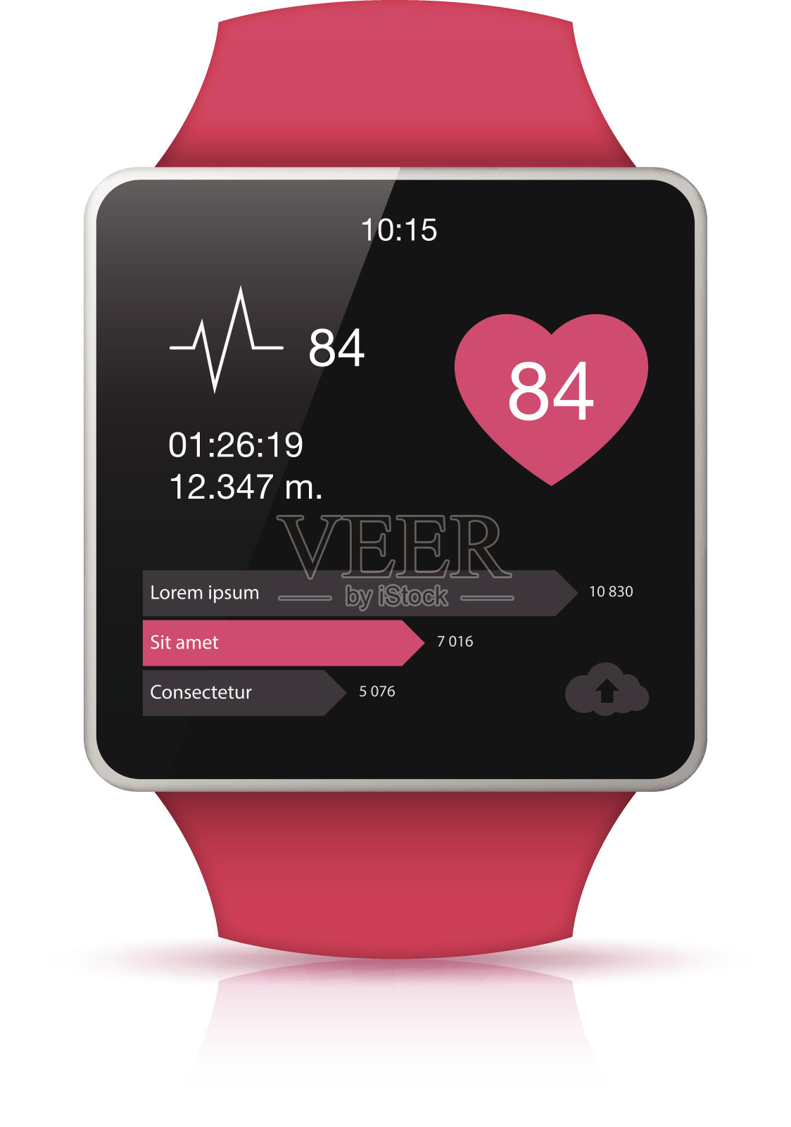 屏幕上有健康应用图标的粉色智能手表插画图片素材