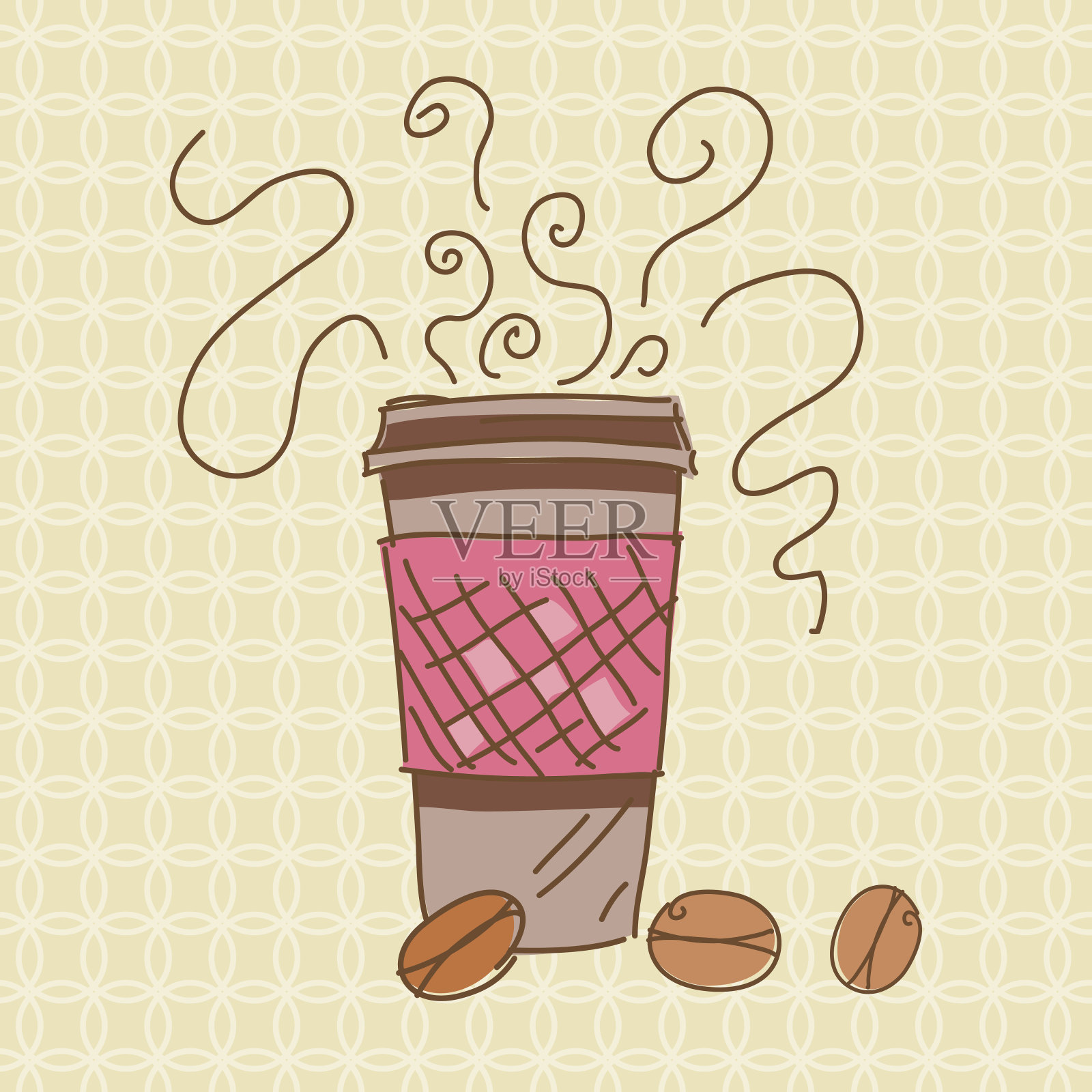 在一个简单的图案背景上涂鸦咖啡图标。插画图片素材