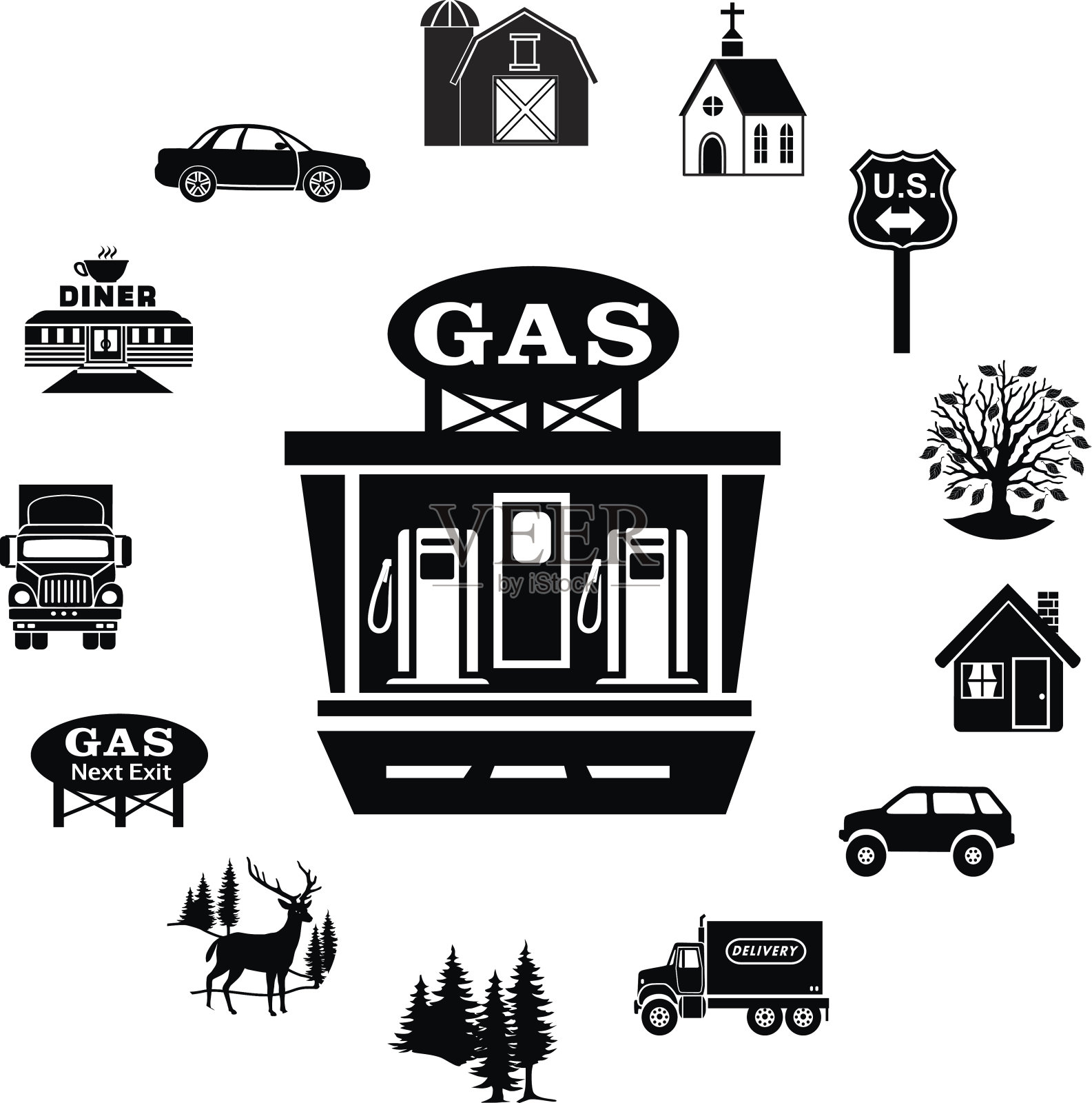 被郊区或乡村主题的边界包围的加油站插画图片素材