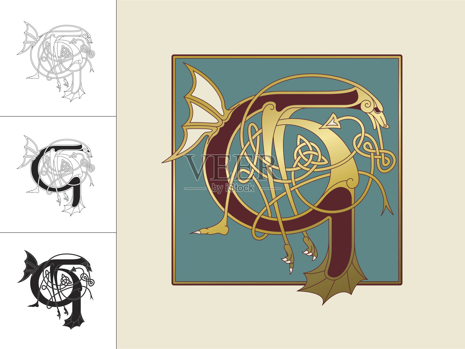 凯尔特语开头:字母G,带有动物和无尽的结插画图片素材