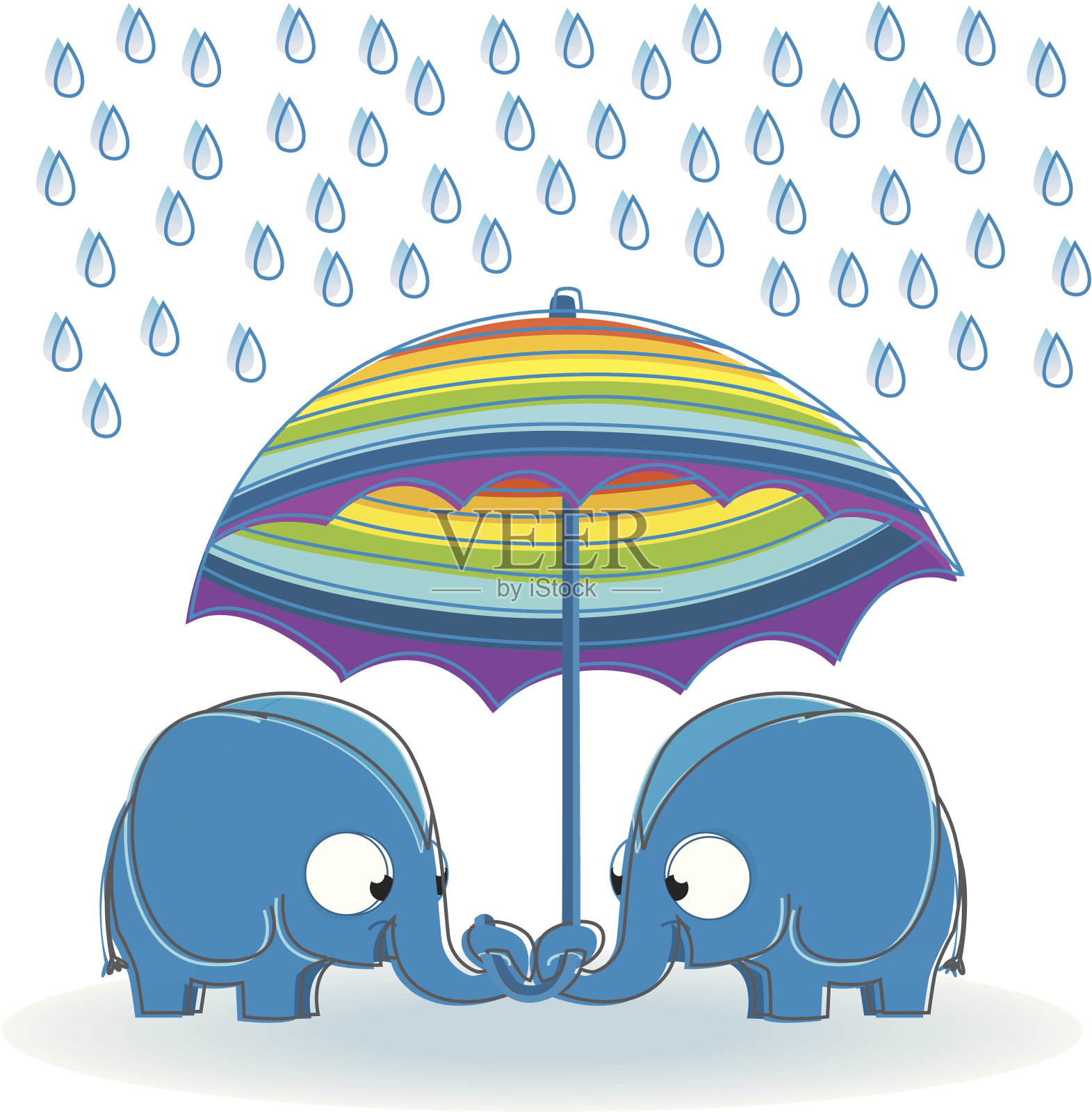 雨伞下的两头大象。插画图片素材