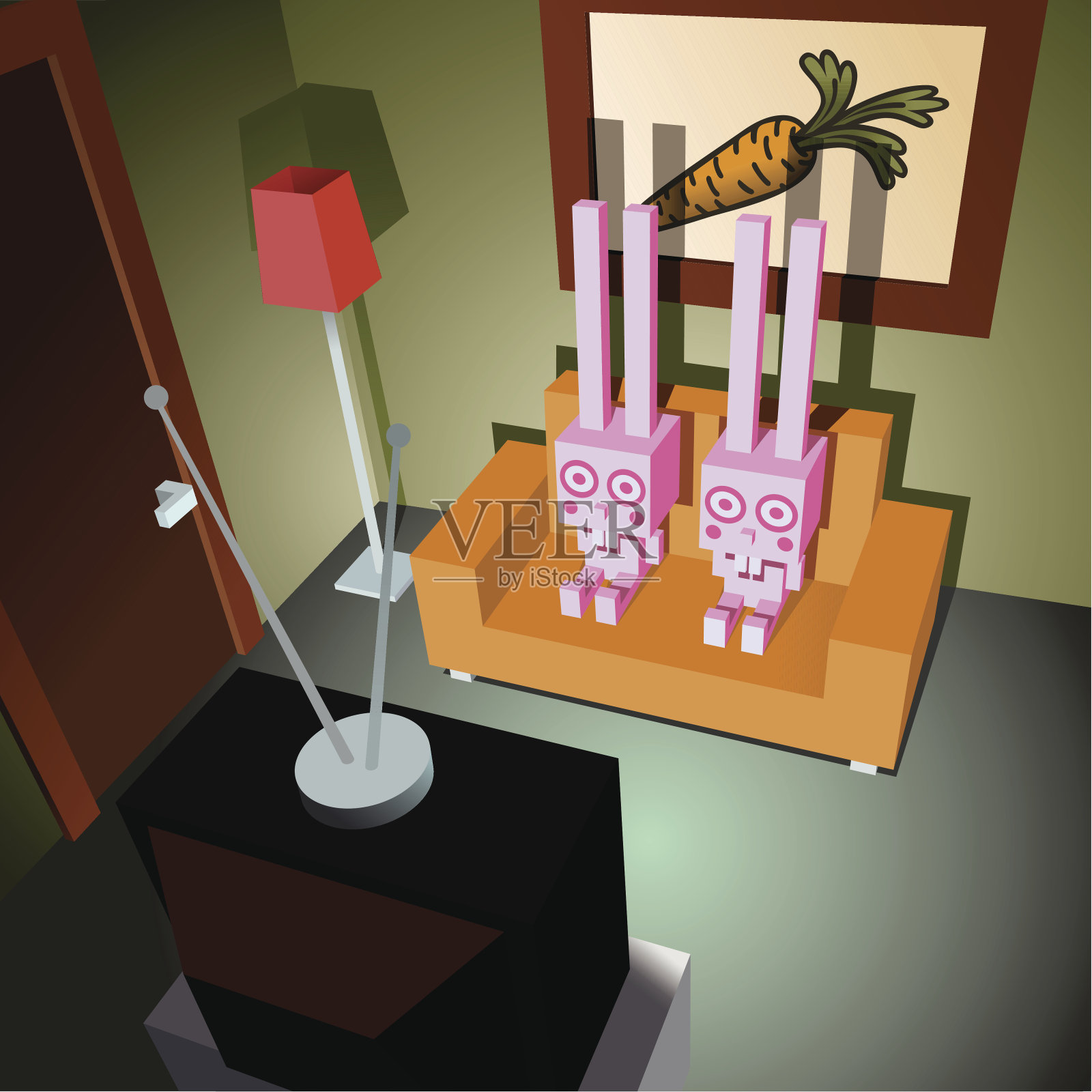 粉红色的兔子在看电视插画图片素材