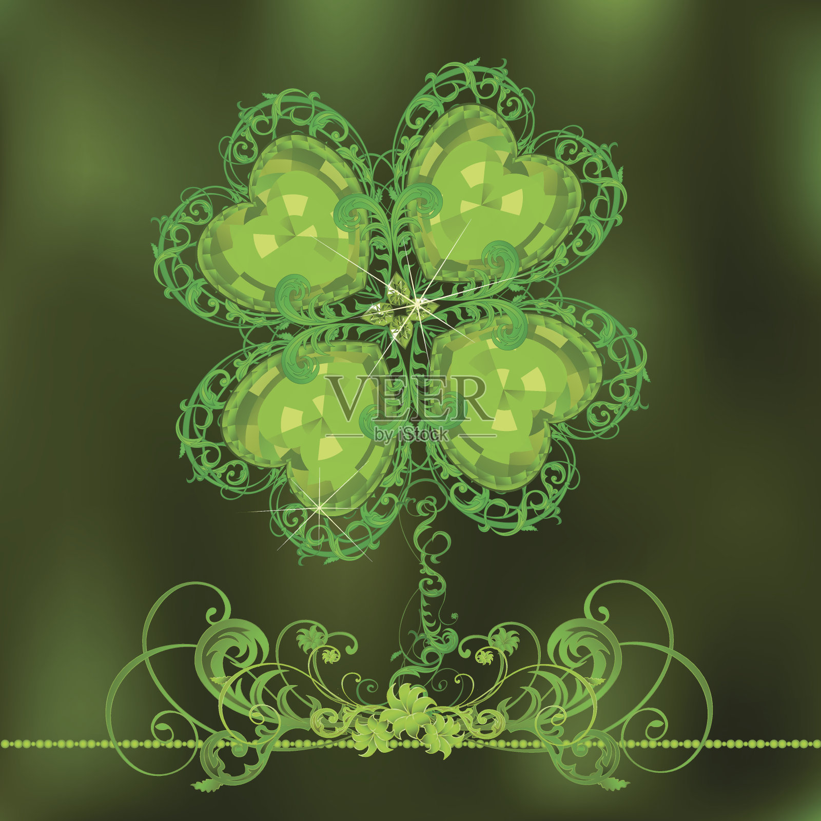 绿色四叶草与祖母绿圣帕特里克节插画图片素材