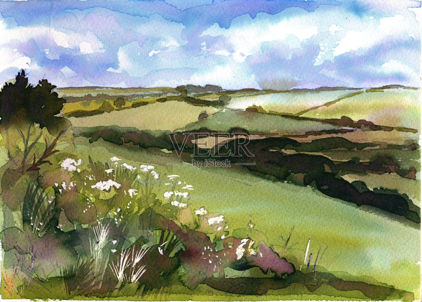 连绵起伏的风景水彩画插画图片素材