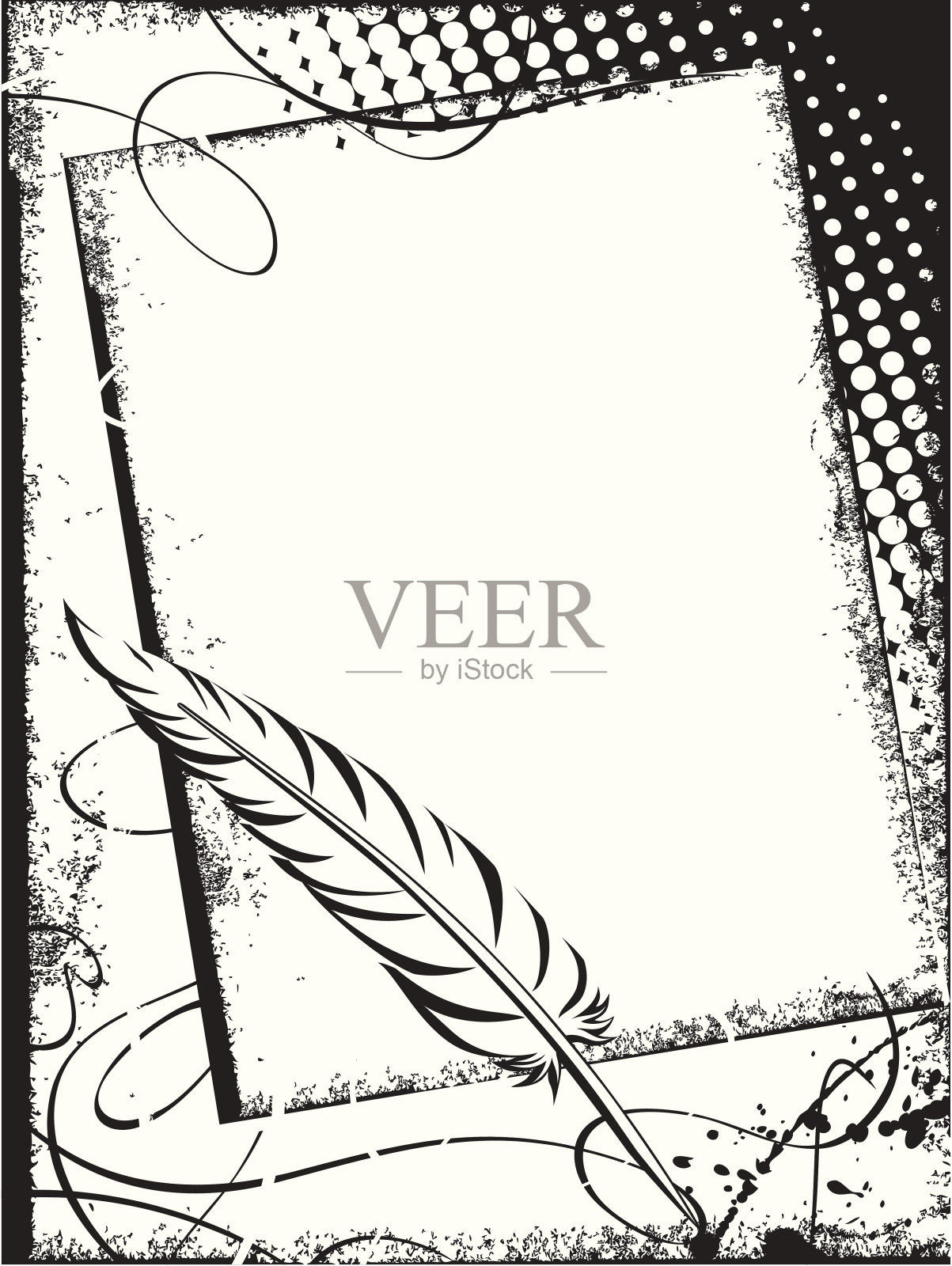 黑白背景与鸟羽毛笔插画图片素材