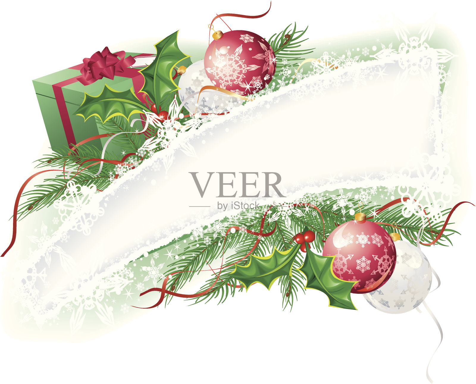 圣诞雪花横幅与礼物和冬青加兰插画图片素材