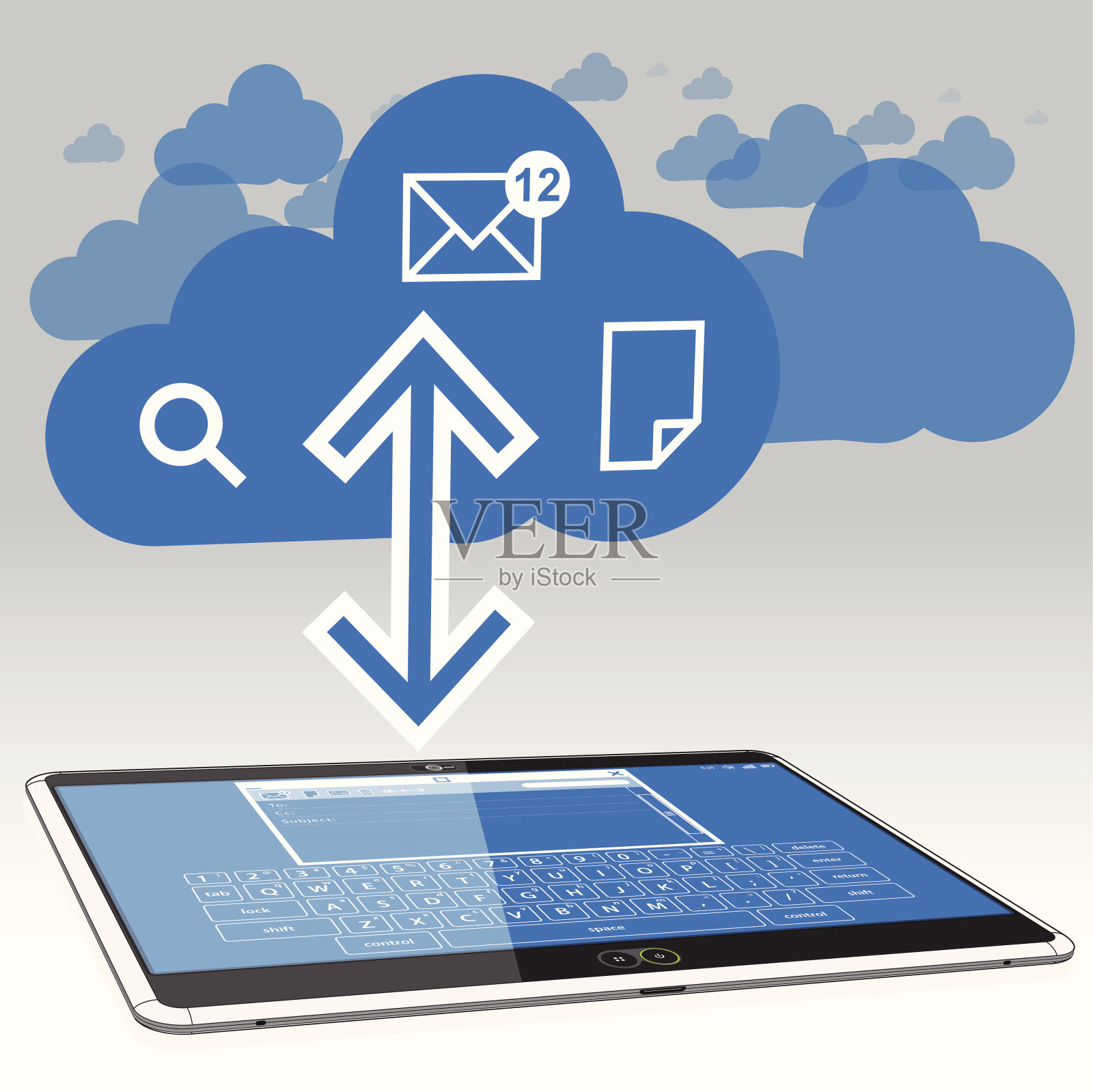 平板电脑、电子邮件和数据云插画图片素材