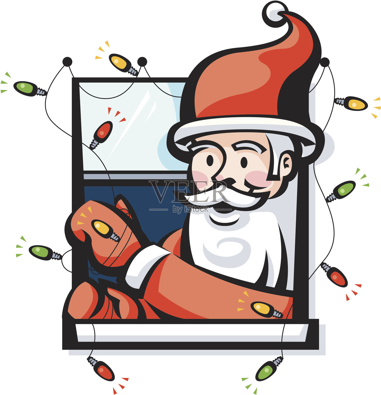 圣诞老人挂圣诞彩灯插画图片素材