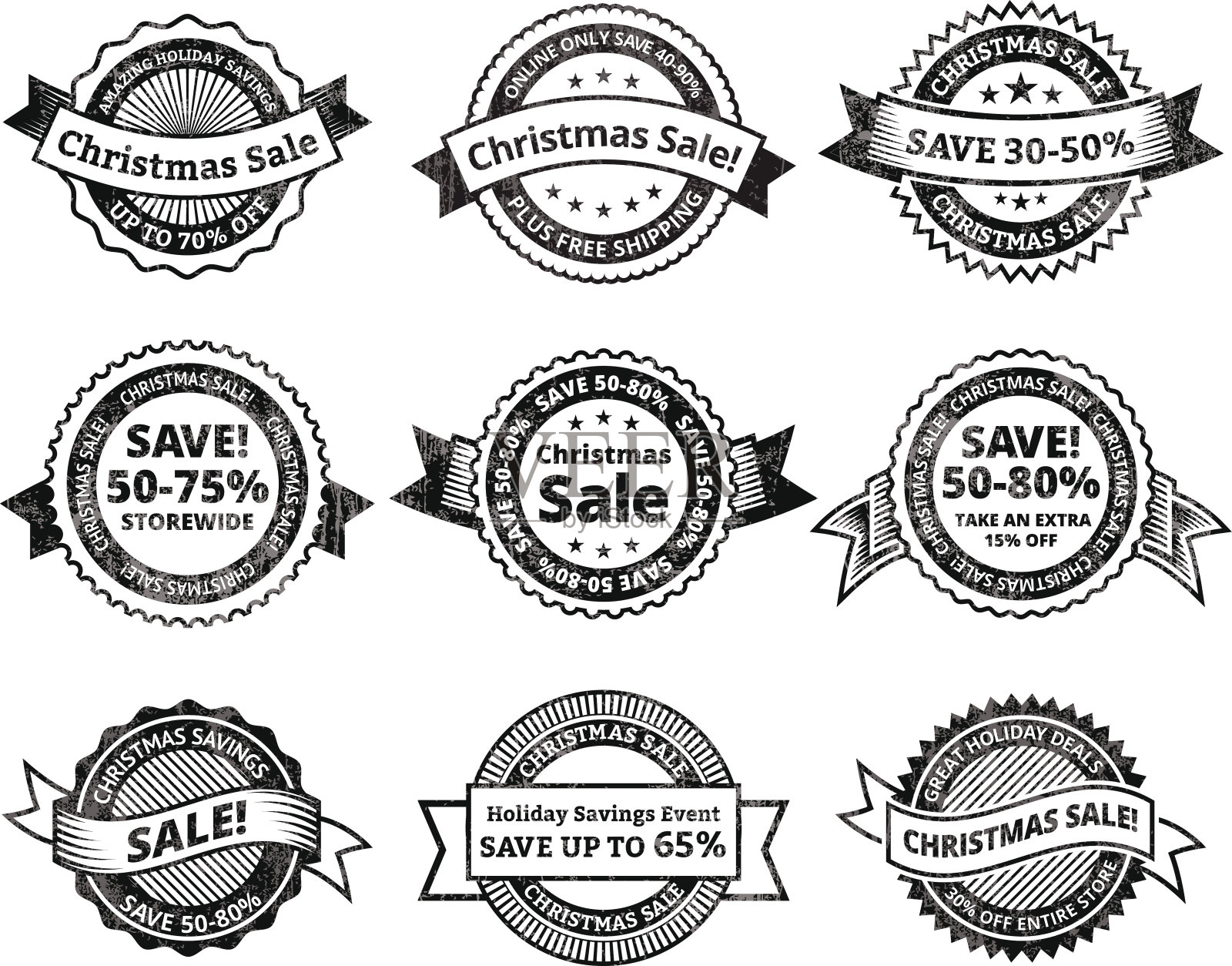 圣诞销售黑白版税免费矢量图标集图标素材