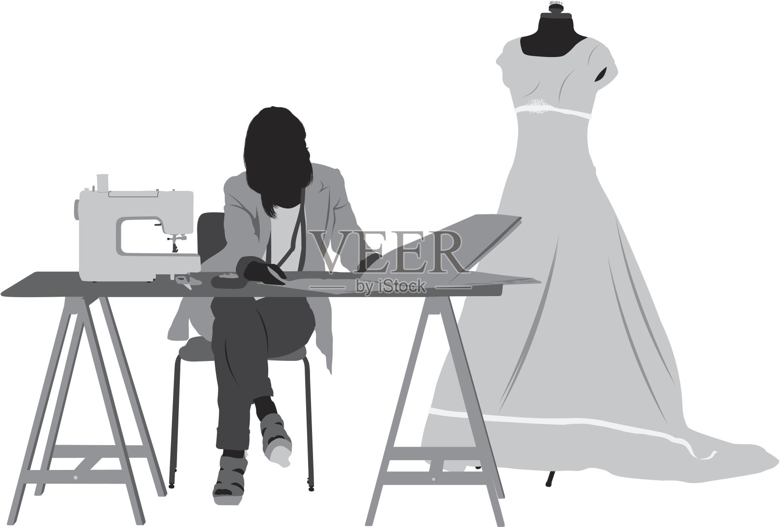 女性时装设计师的剪影在wotk插画图片素材