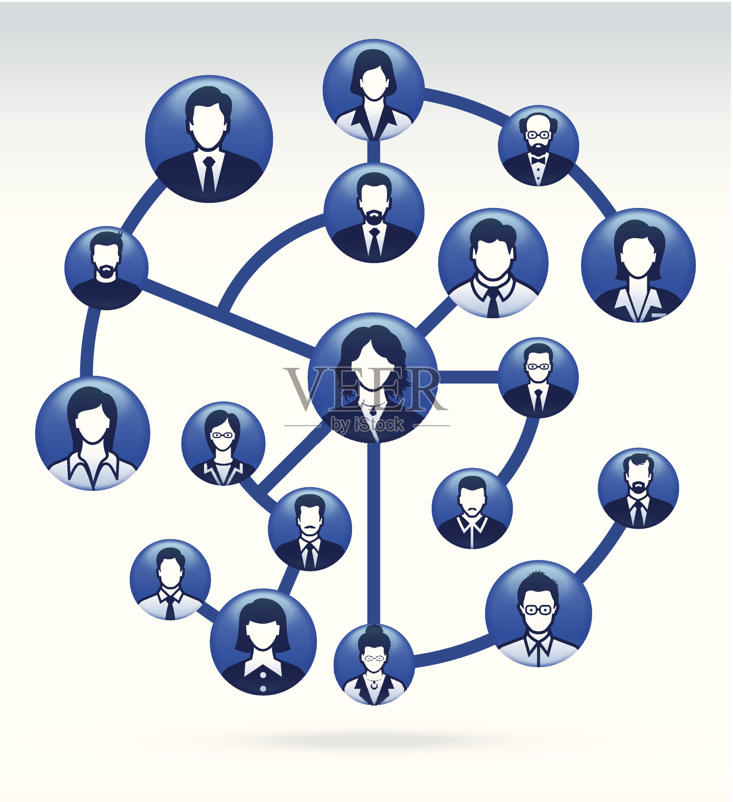 企业社交网络的蓝色图表,上面有人脸。插画图片素材