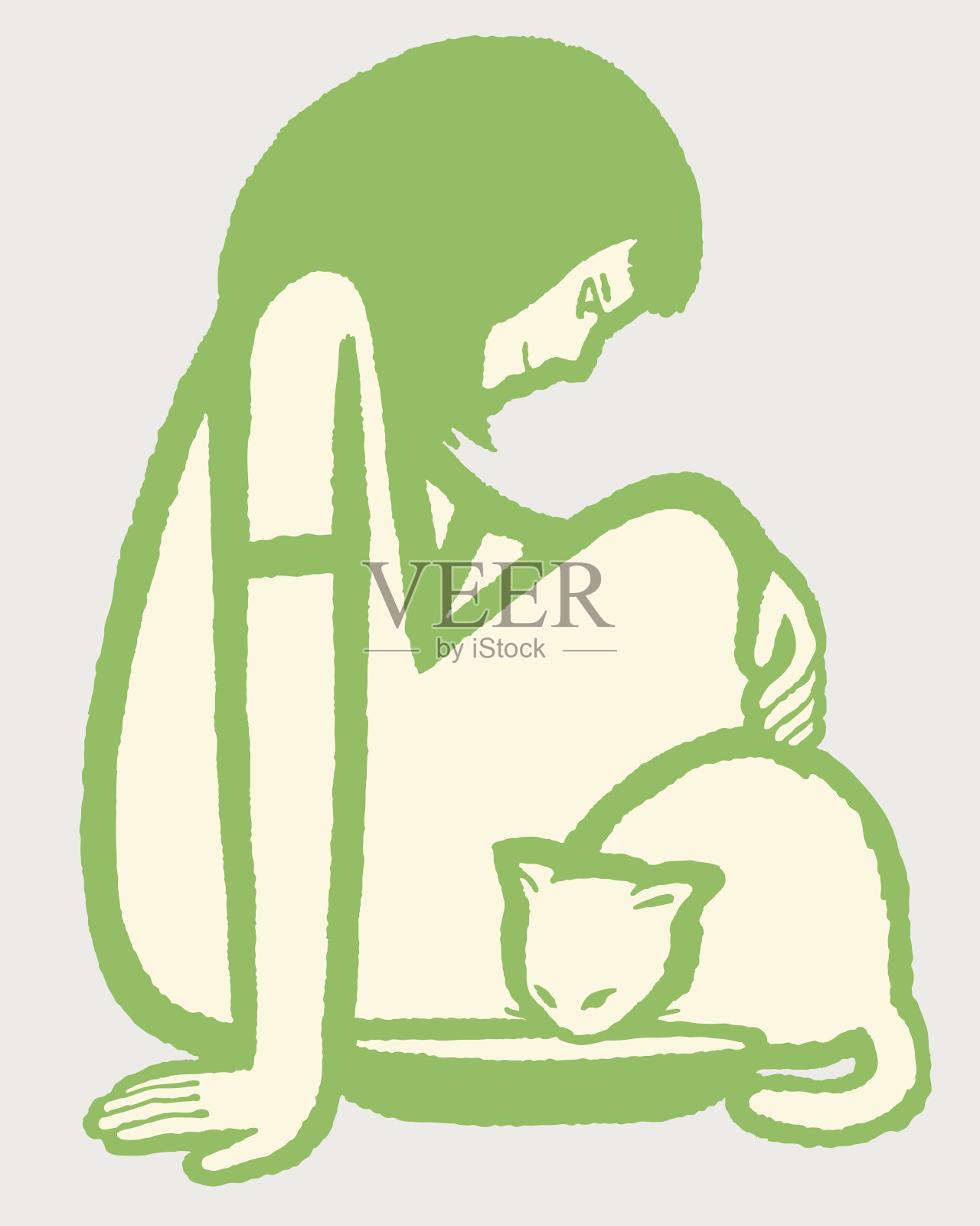 坐在猫旁边喝牛奶的女孩插画图片素材