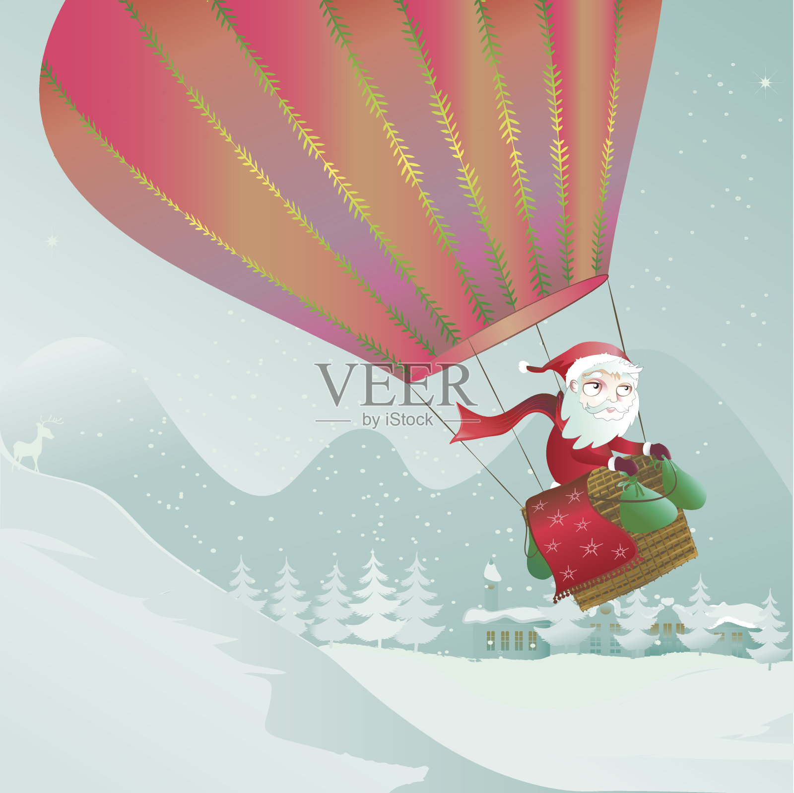 圣诞老人乘着圣诞气球在飞翔插画图片素材