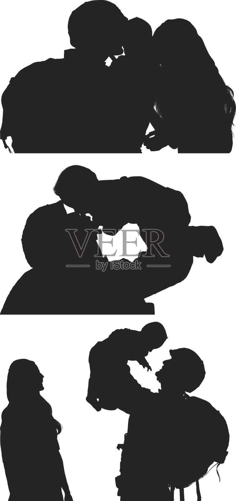 一对军人夫妇和他们的孩子在一起插画图片素材