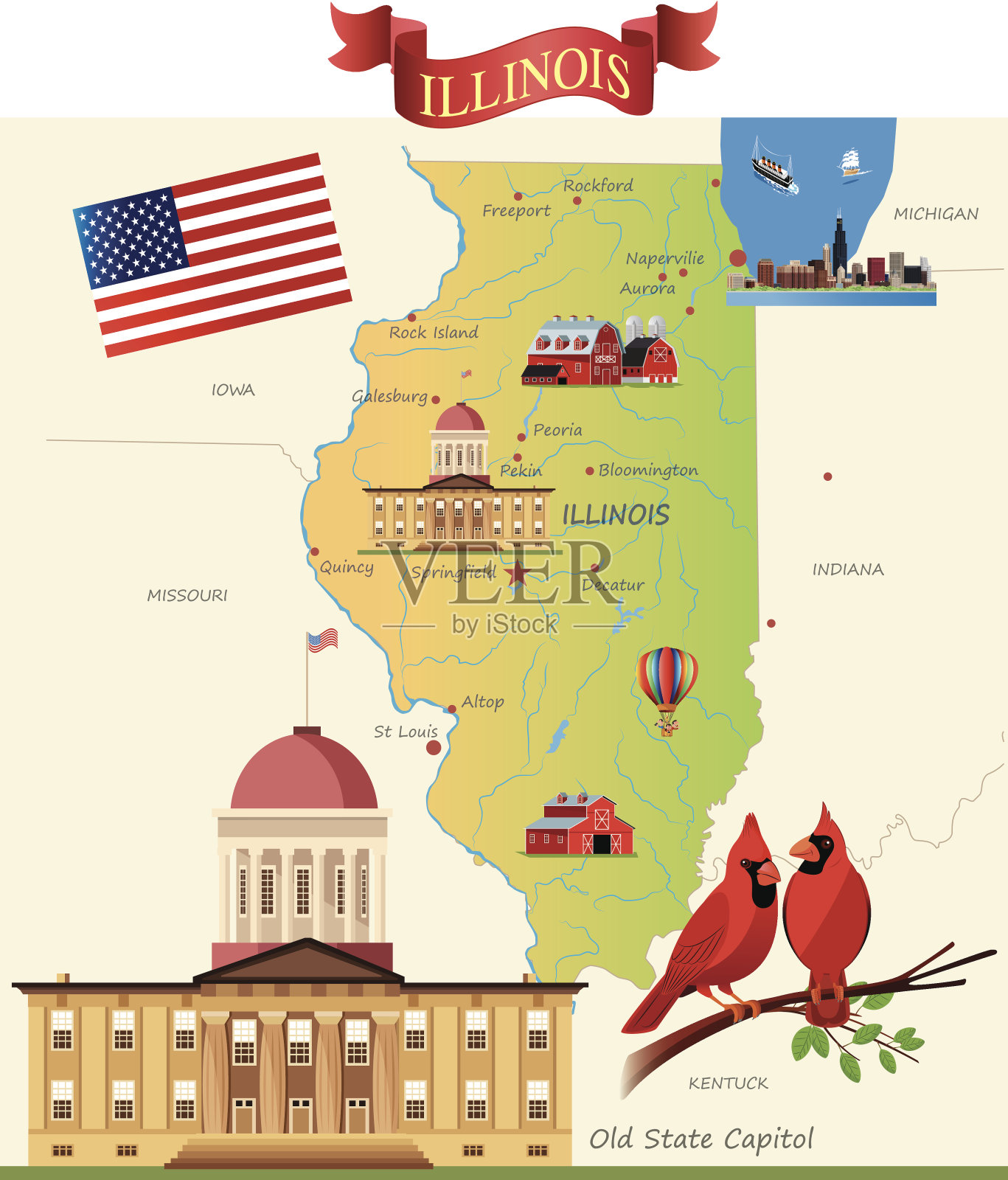 伊利诺斯州卡通地图插画图片素材