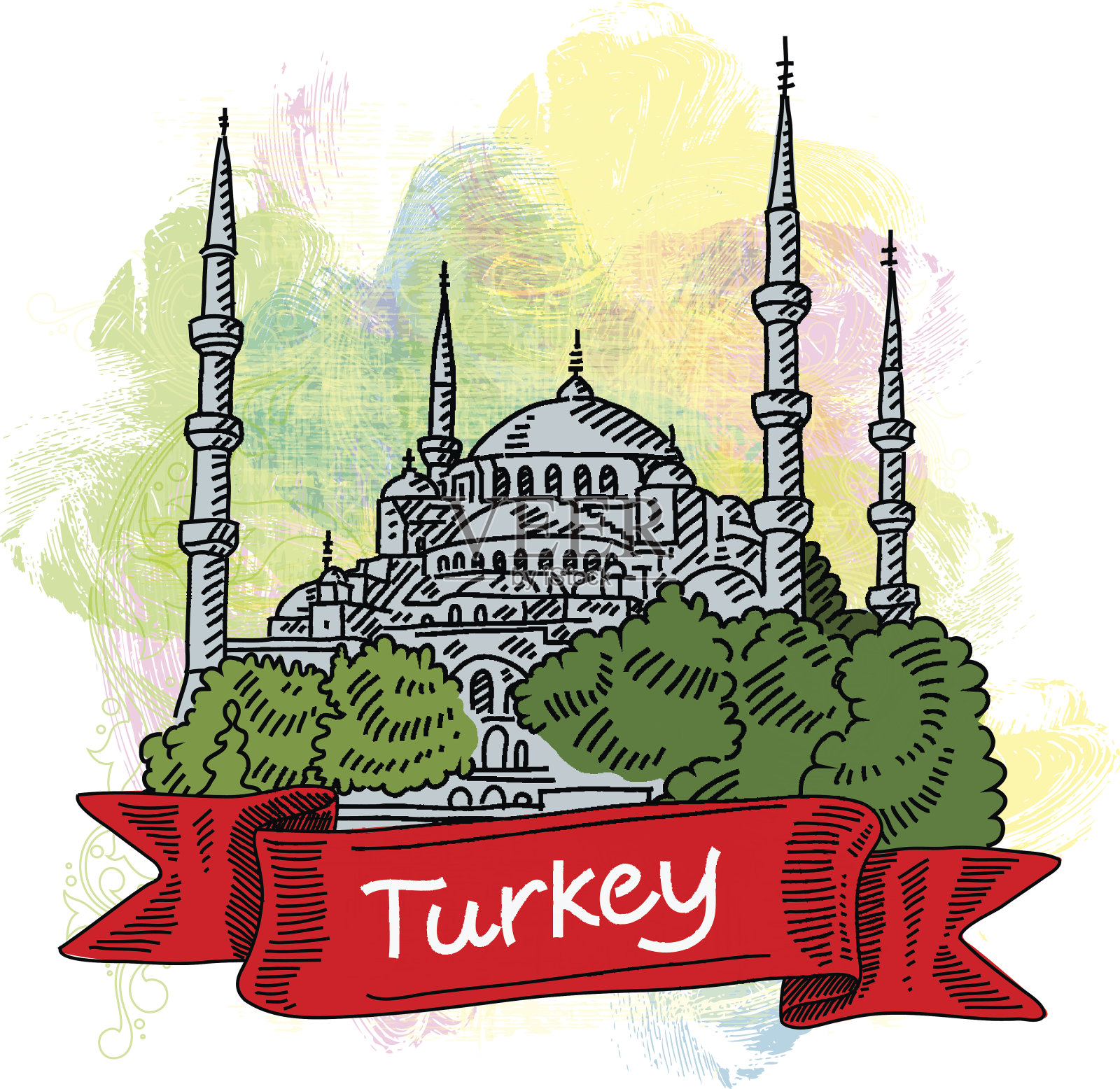 伊斯坦布尔蓝色清真寺绘画插画图片素材