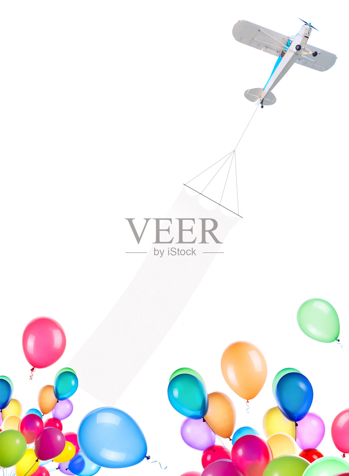 带横幅和气球的单引擎飞机照片摄影图片