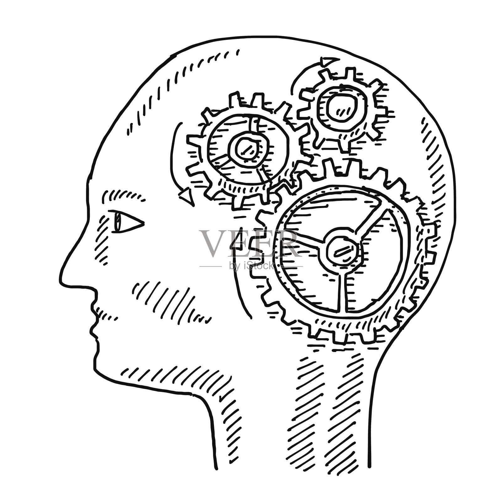 头部侧视图脑齿轮绘图插画图片素材
