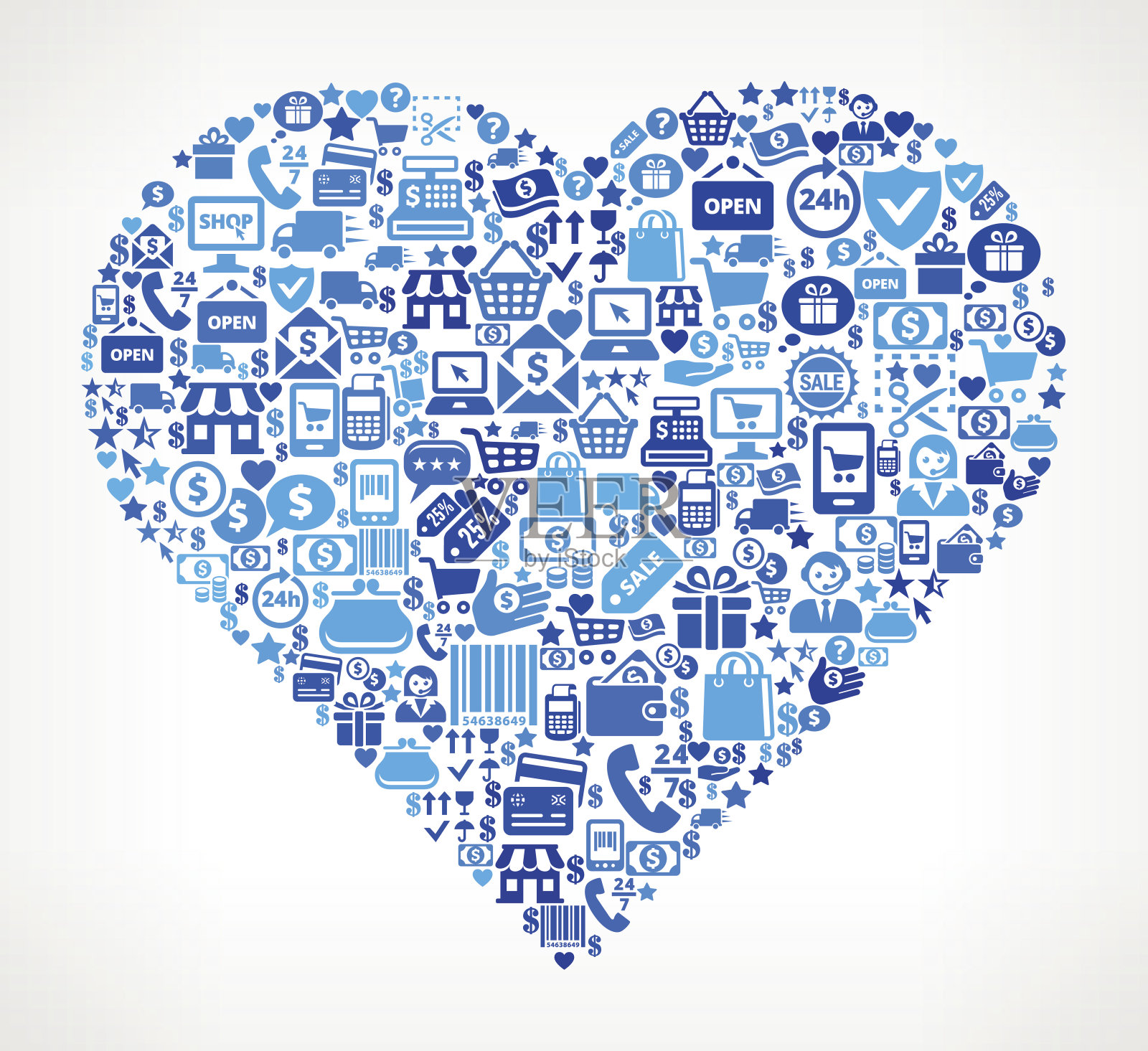 心脏购物和商业蓝色图标模式插画图片素材