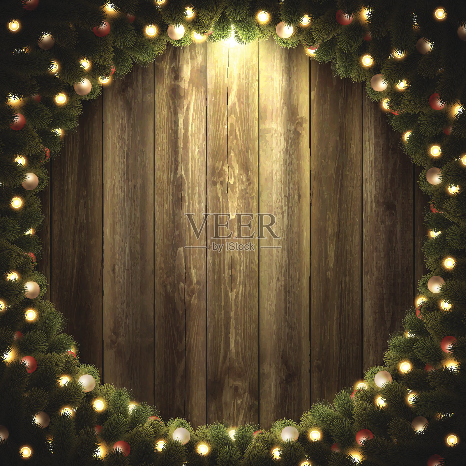 空白木制背景与明亮的圣诞花环插画图片素材