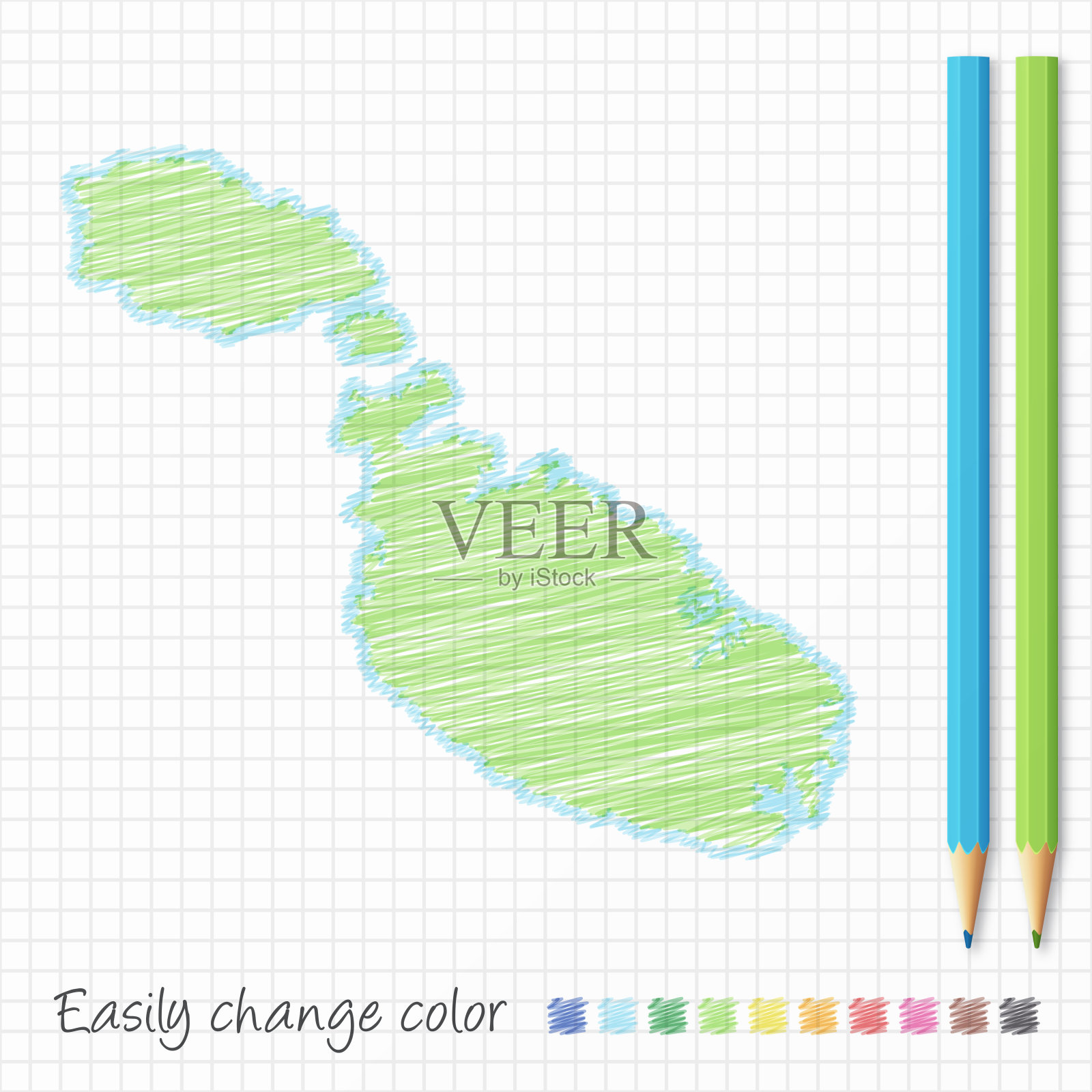 马耳他地图素描,彩色铅笔,网格纸插画图片素材