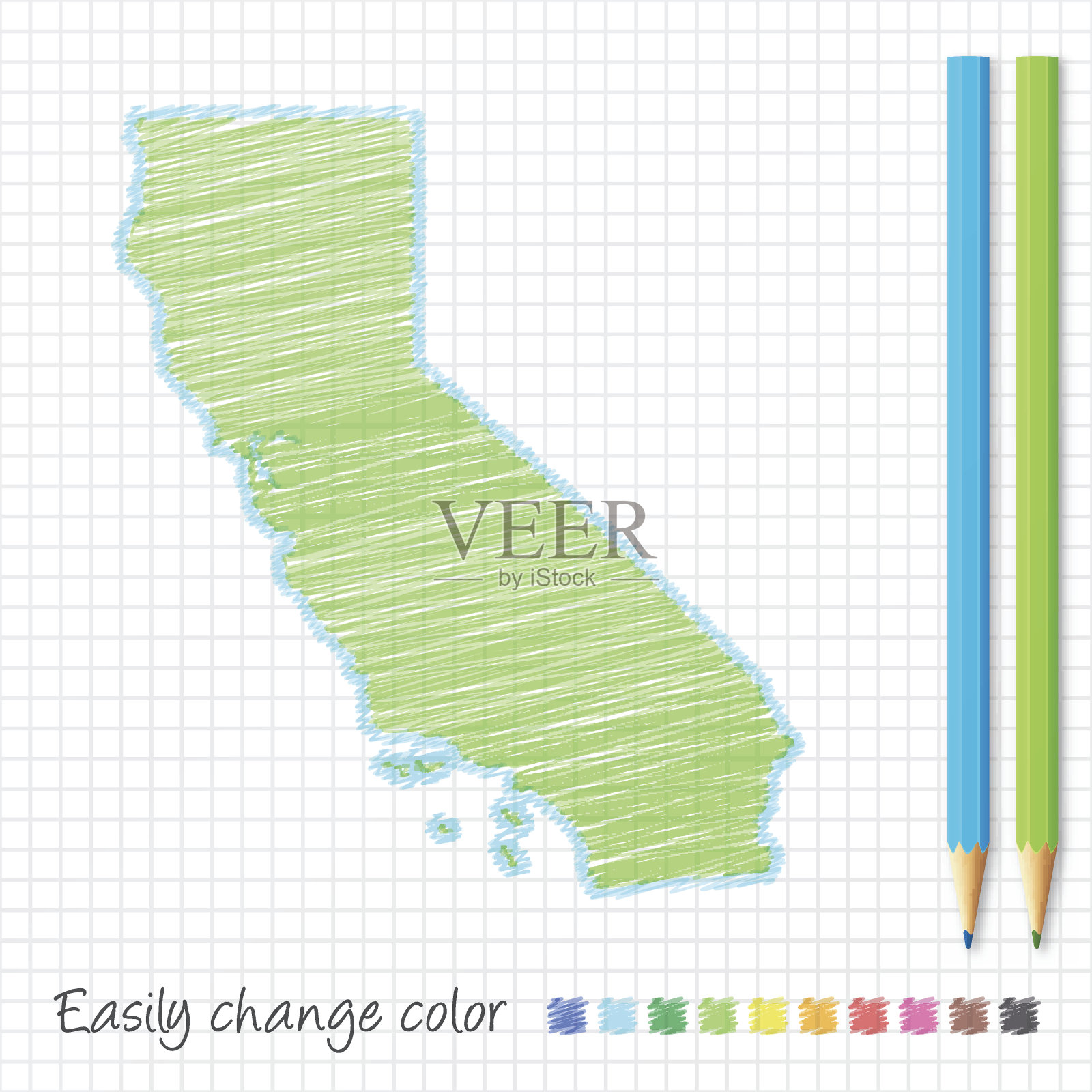 用彩色铅笔在格子纸上画加利福尼亚地图草图插画图片素材