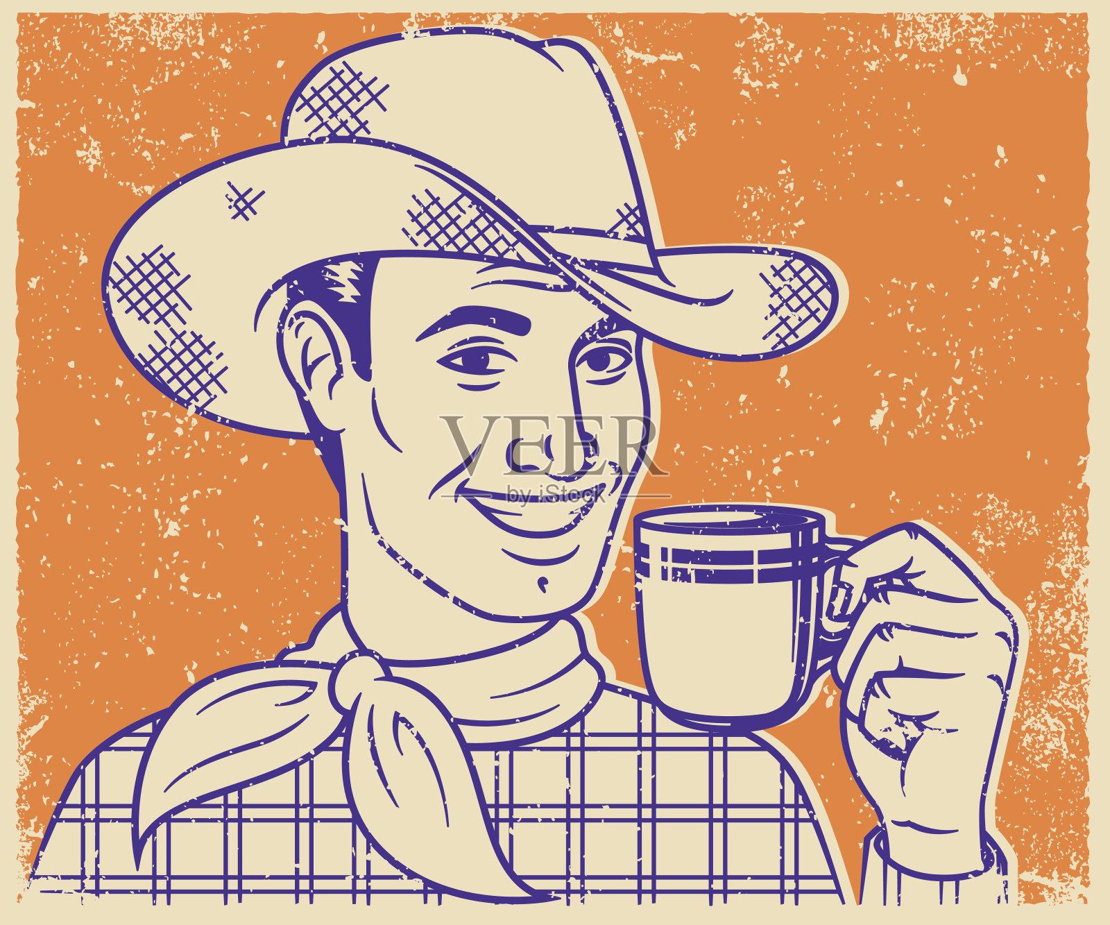 复古丝网印刷牛仔喝咖啡插画图片素材