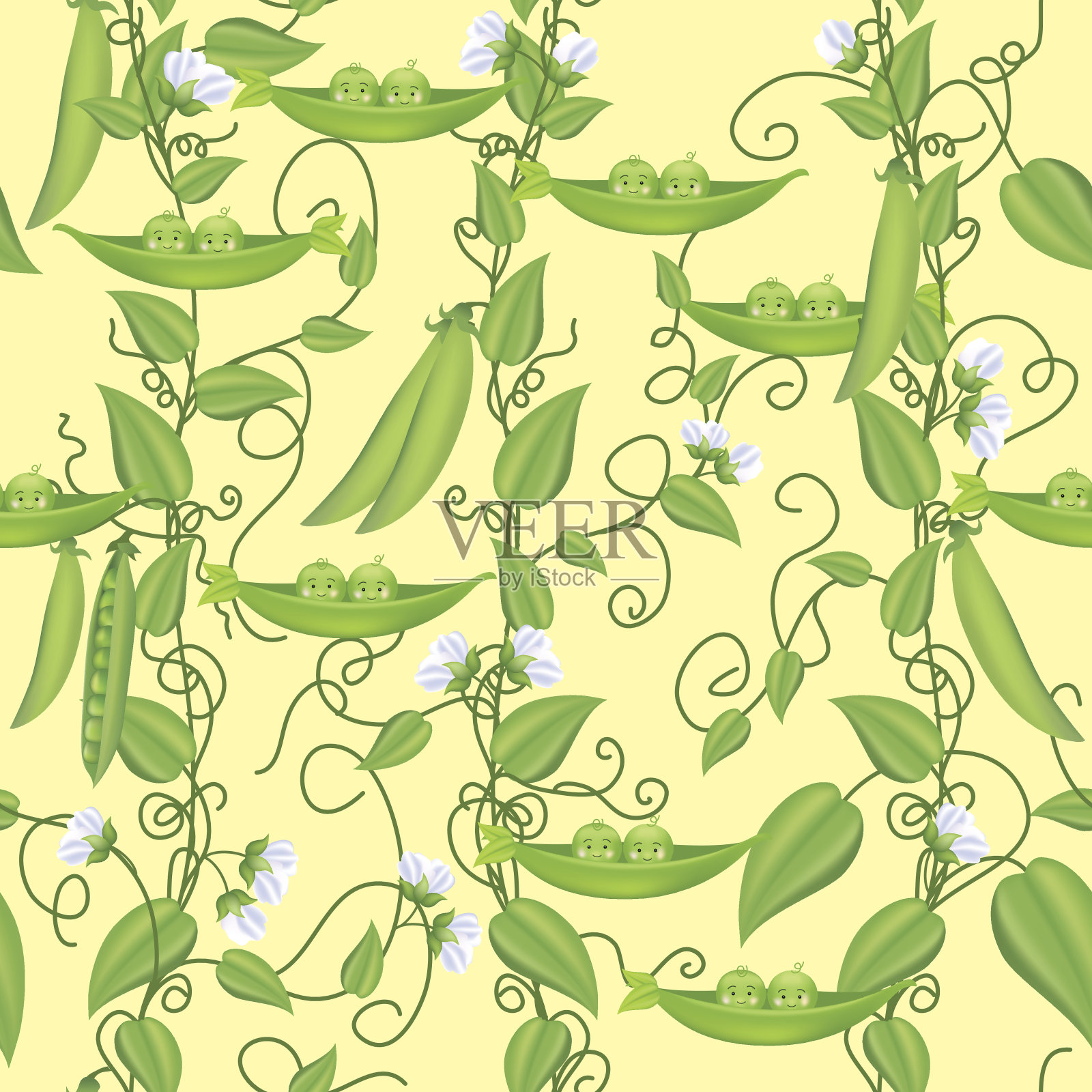 甜豌豆娃娃藤蔓重复图案上的黄色插画图片素材
