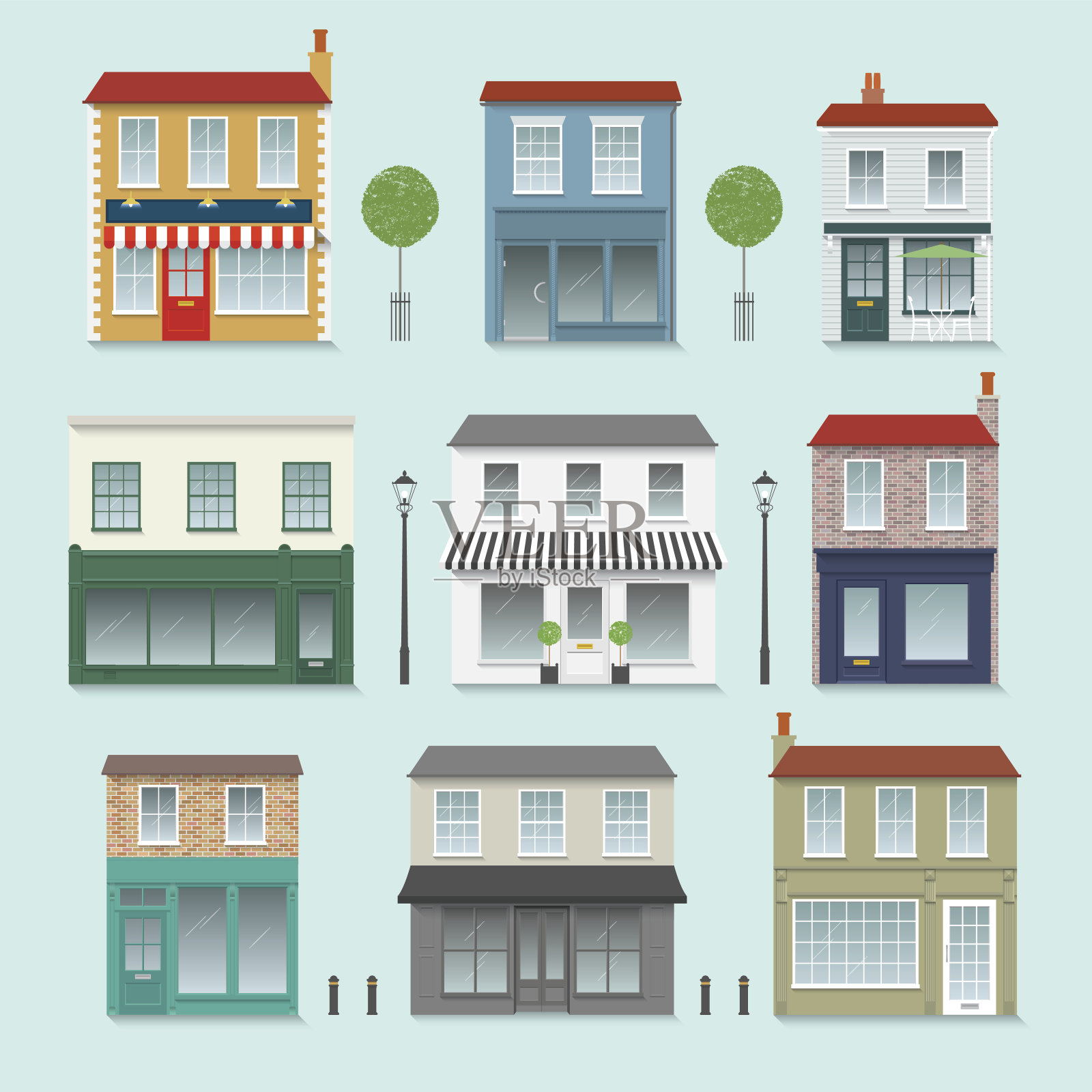 Shop Front Set inc。树,路灯和护柱插画图片素材