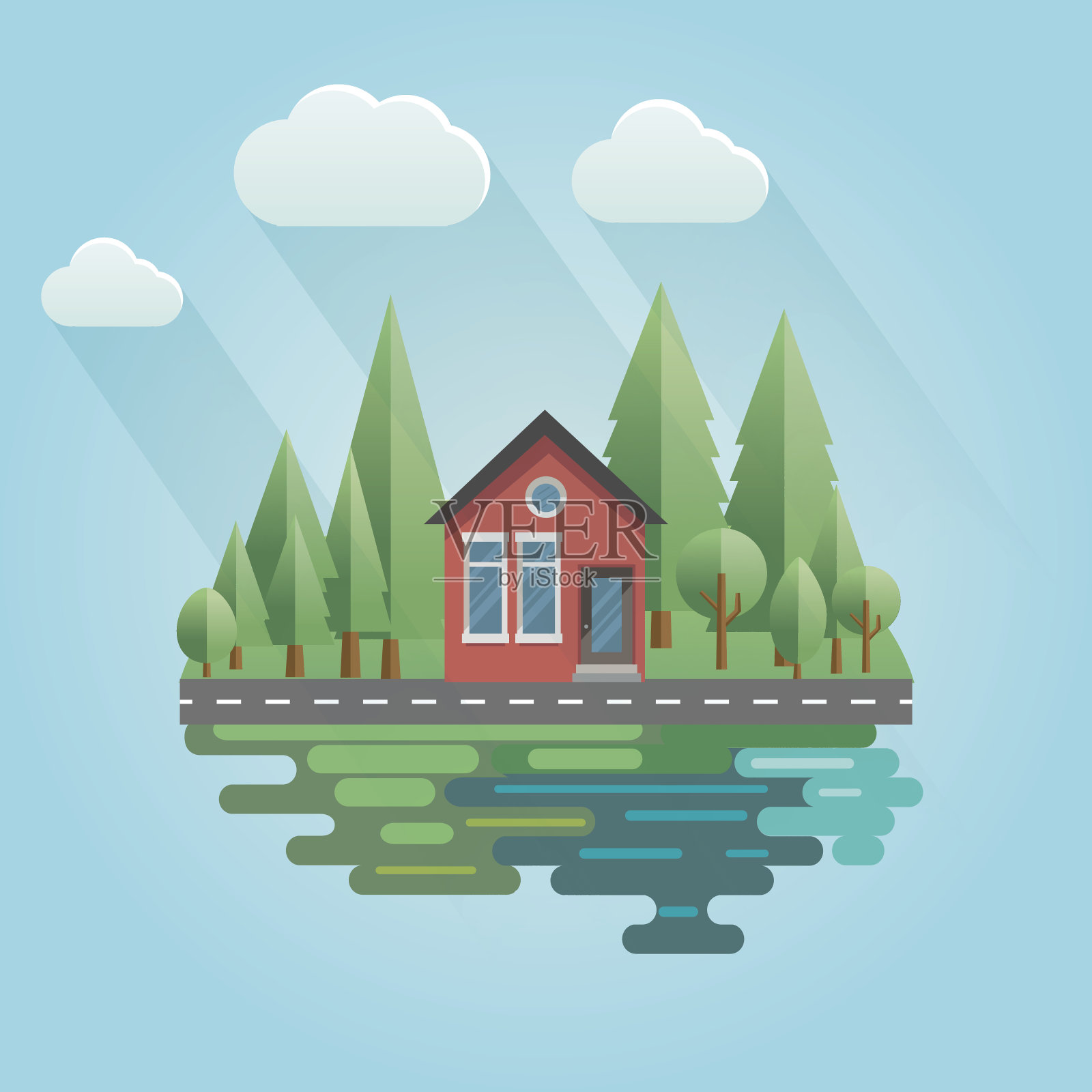 有树的平面设计屋插画图片素材