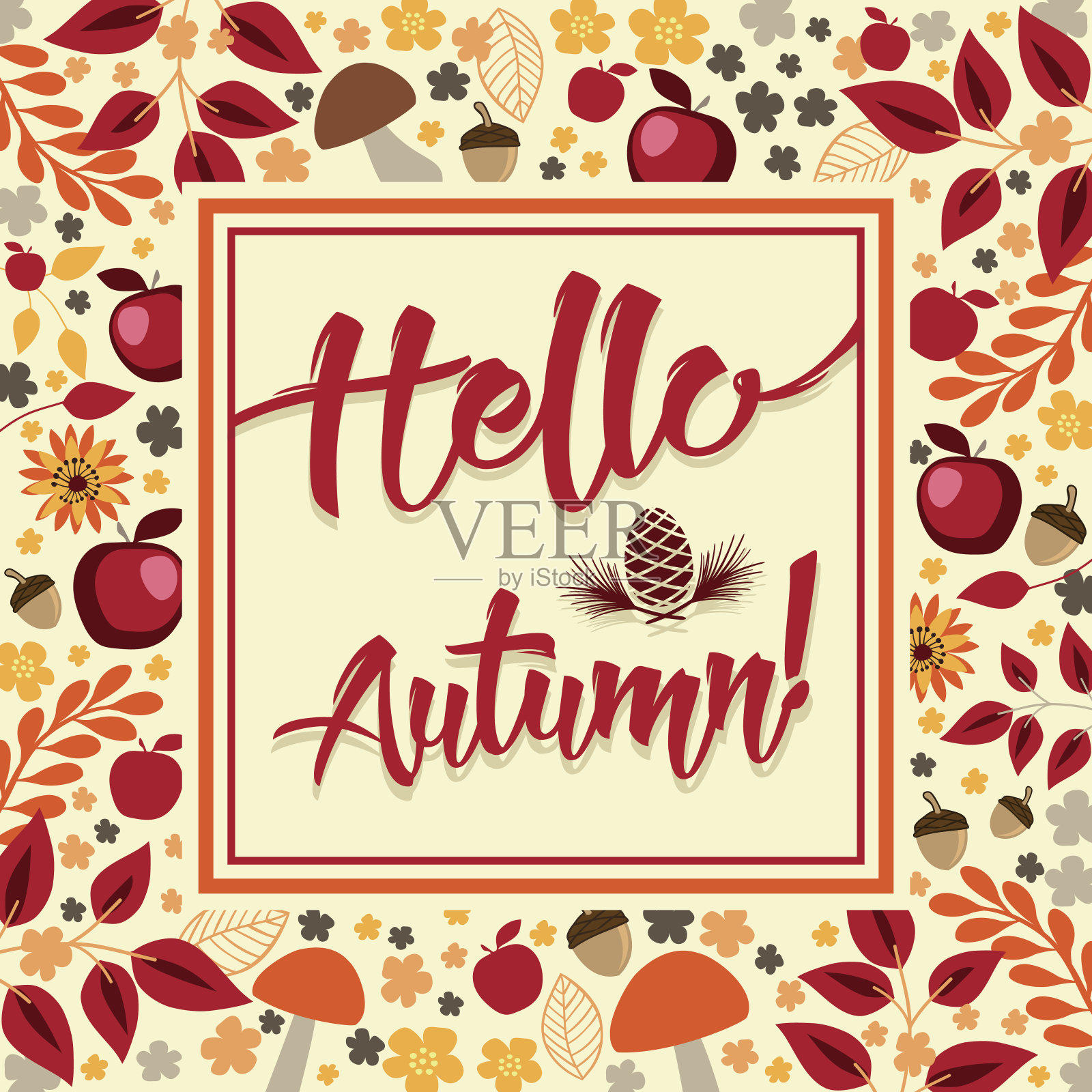 你好秋天!-花卉广场背景蘑菇和苹果插画图片素材