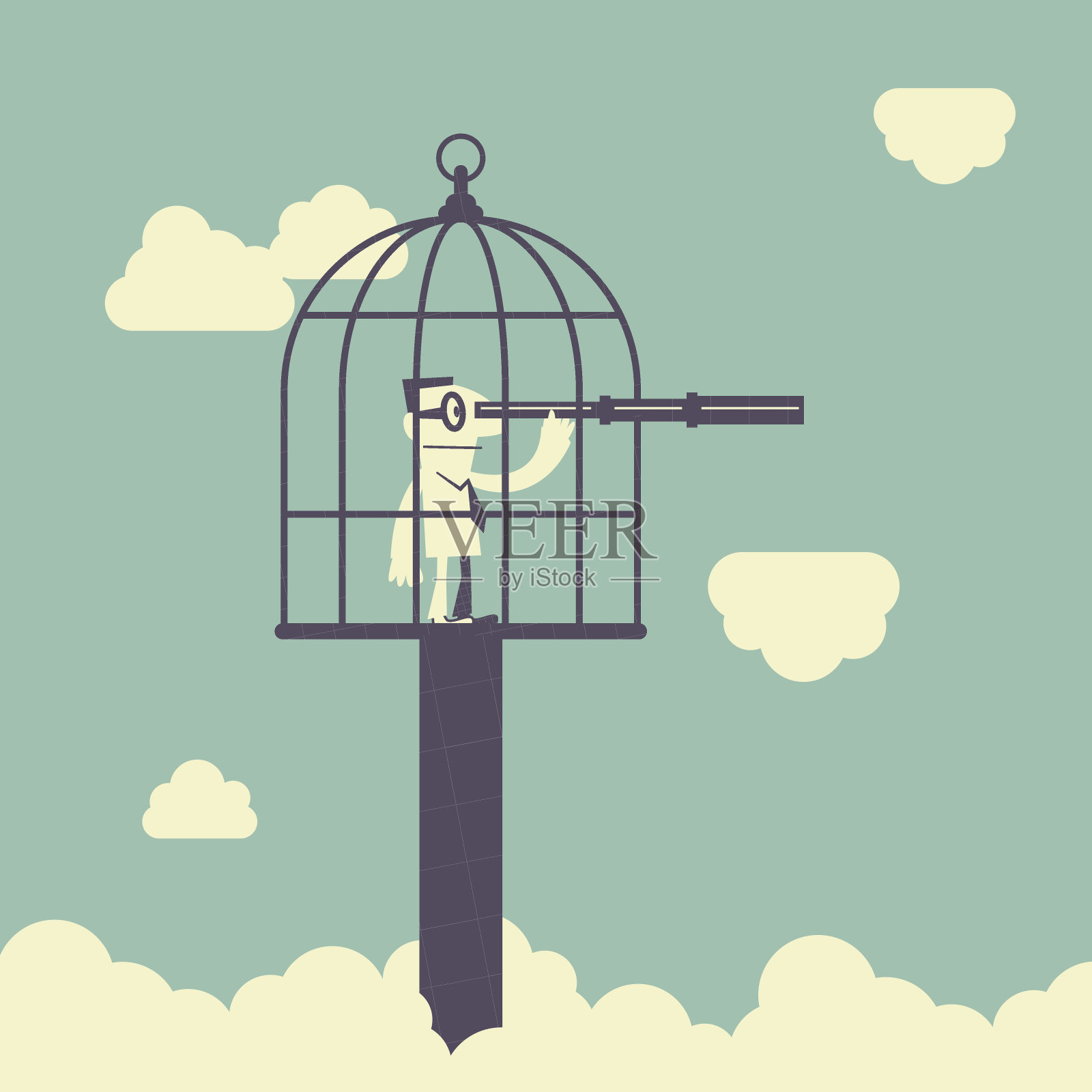 禁止和自由,商人与望远镜内的大鸟笼插画图片素材