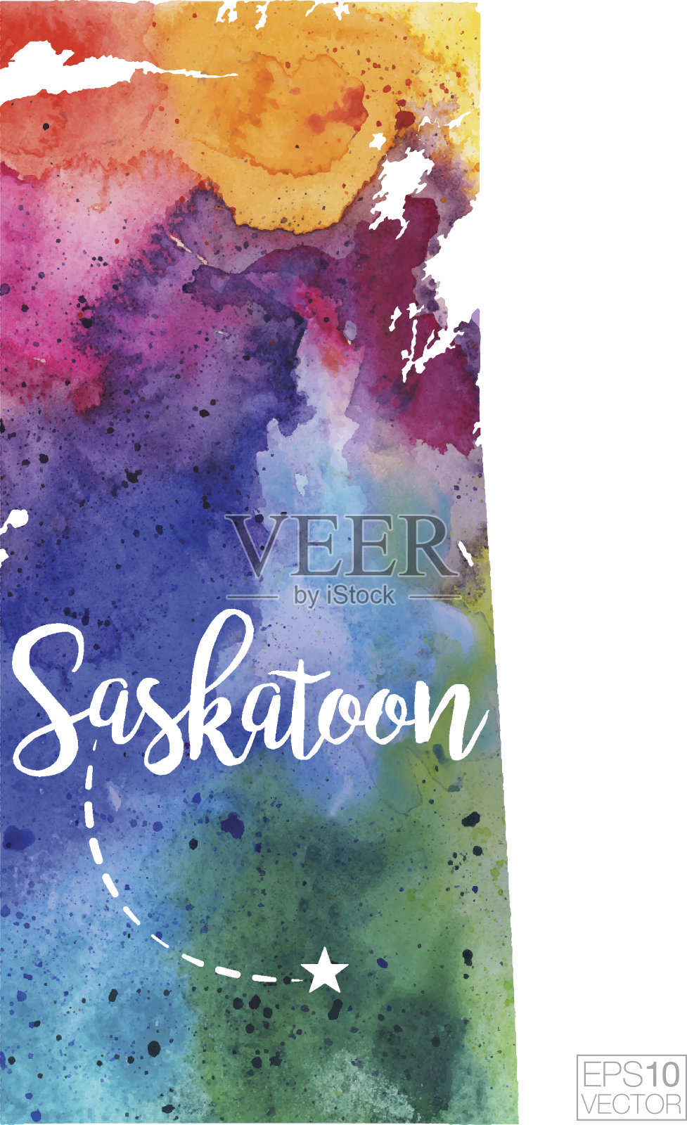 萨斯卡通,萨斯喀彻温矢量水彩地图插画图片素材