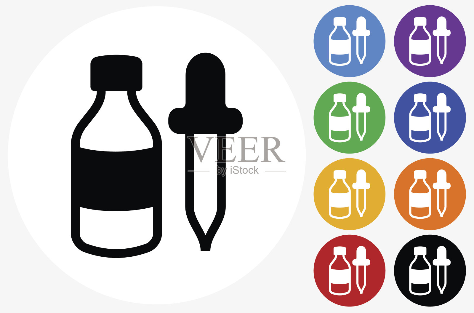 瓶子和滴管图标上的平面颜色圆形按钮插画图片素材