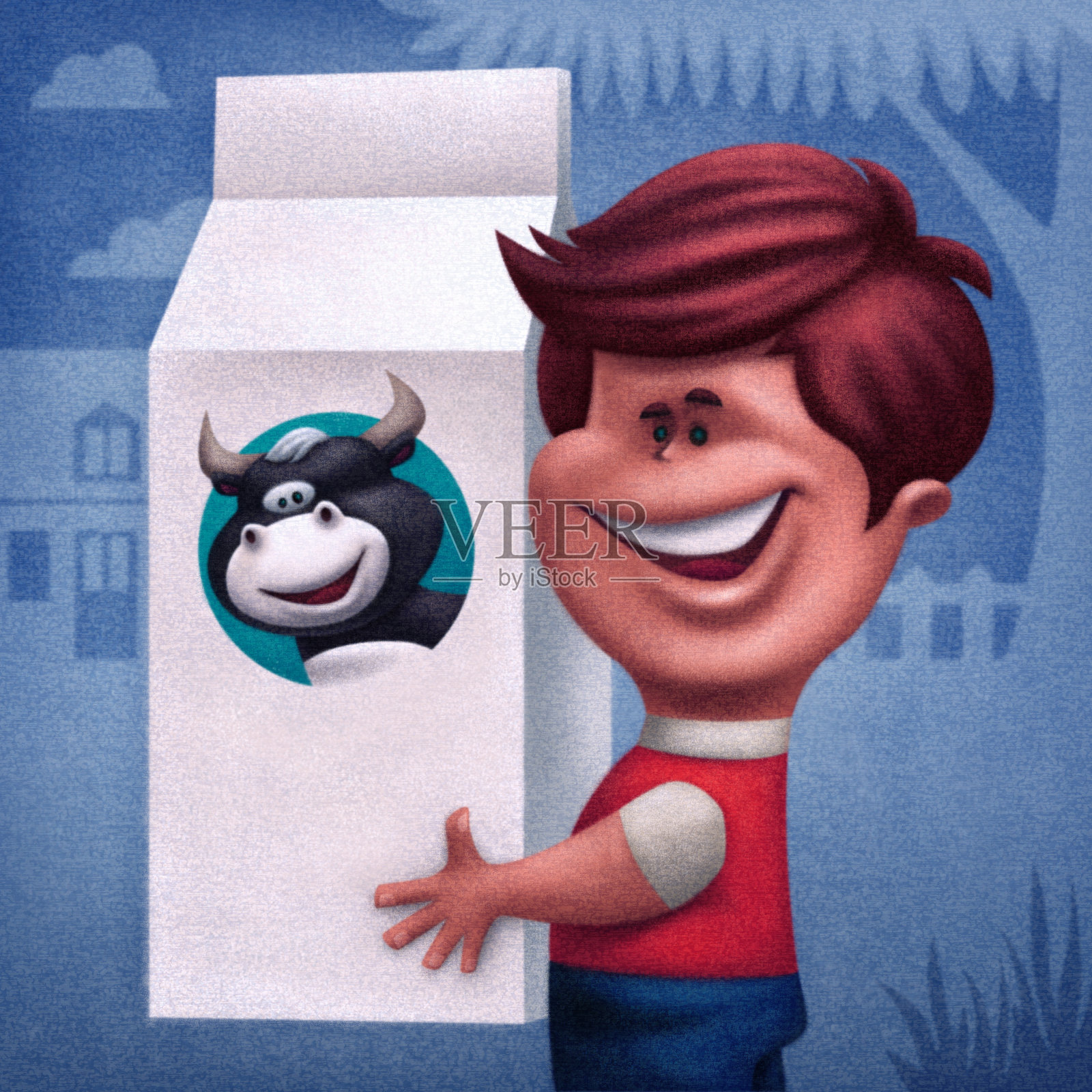 快乐的孩子拿着一盒牛奶插画图片素材