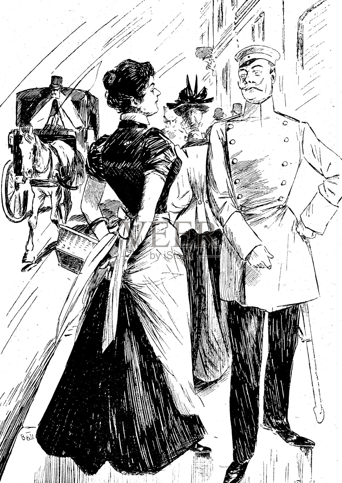 一对优雅的夫妇站在街上聊天,等待马车插画图片素材