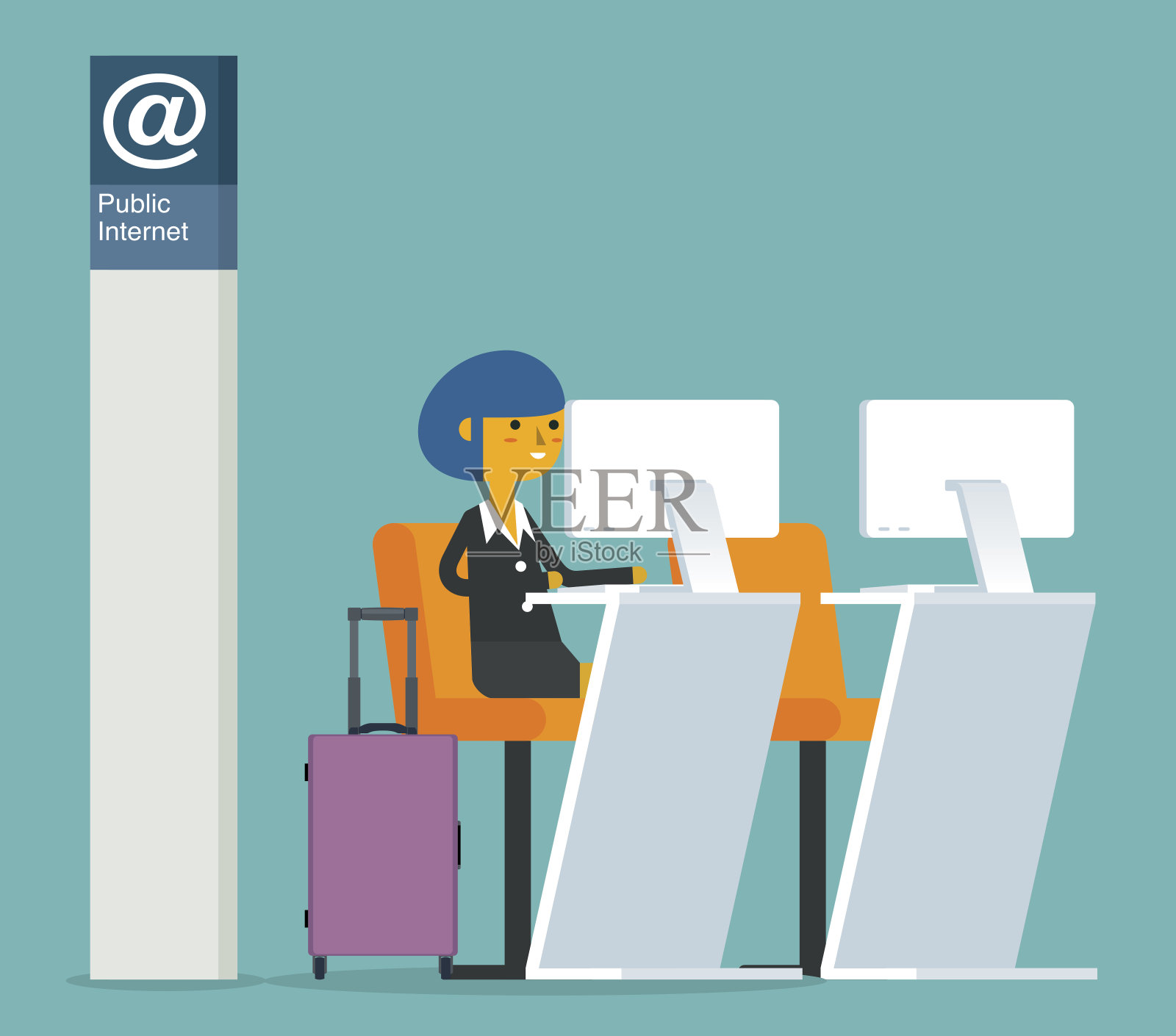 公共互联网点在机场-女商人插画图片素材