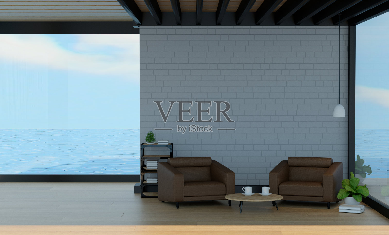 室内采用木质三角咖啡桌、台灯和扶手椅家具,3d渲染砖墙现代客厅照片摄影图片