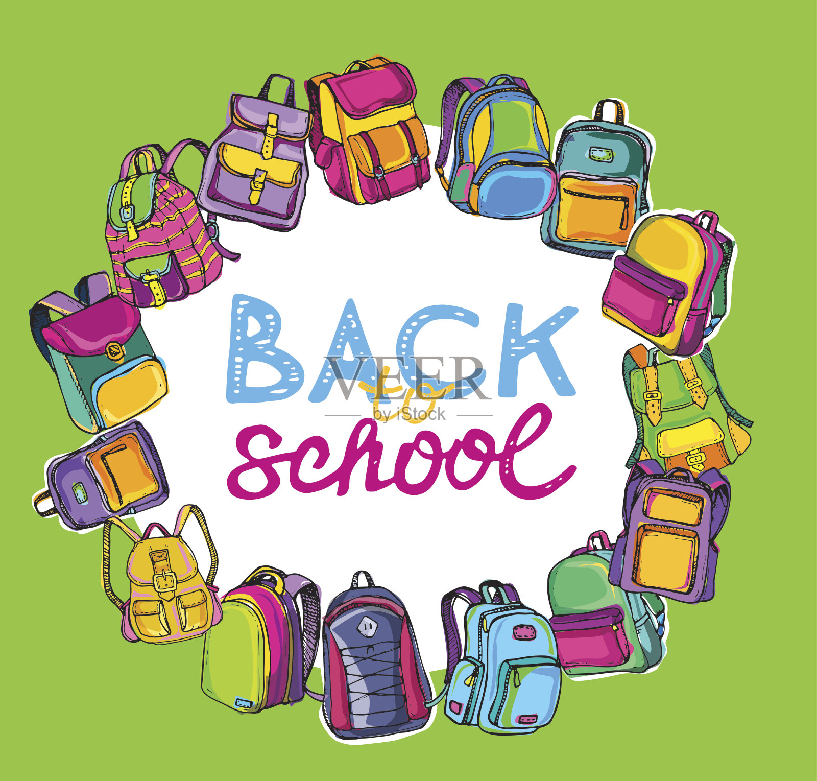 手绘矢量素描涂鸦背包。休闲背包,时尚背包。矢量插图。回到学校。插画图片素材