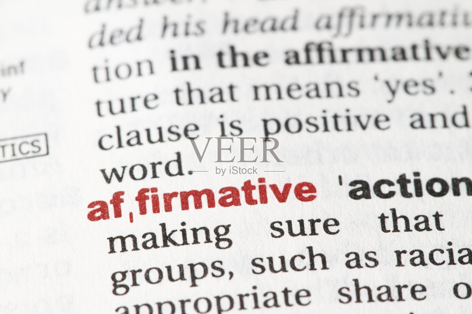 特写英语字典页与词肯定。照片摄影图片