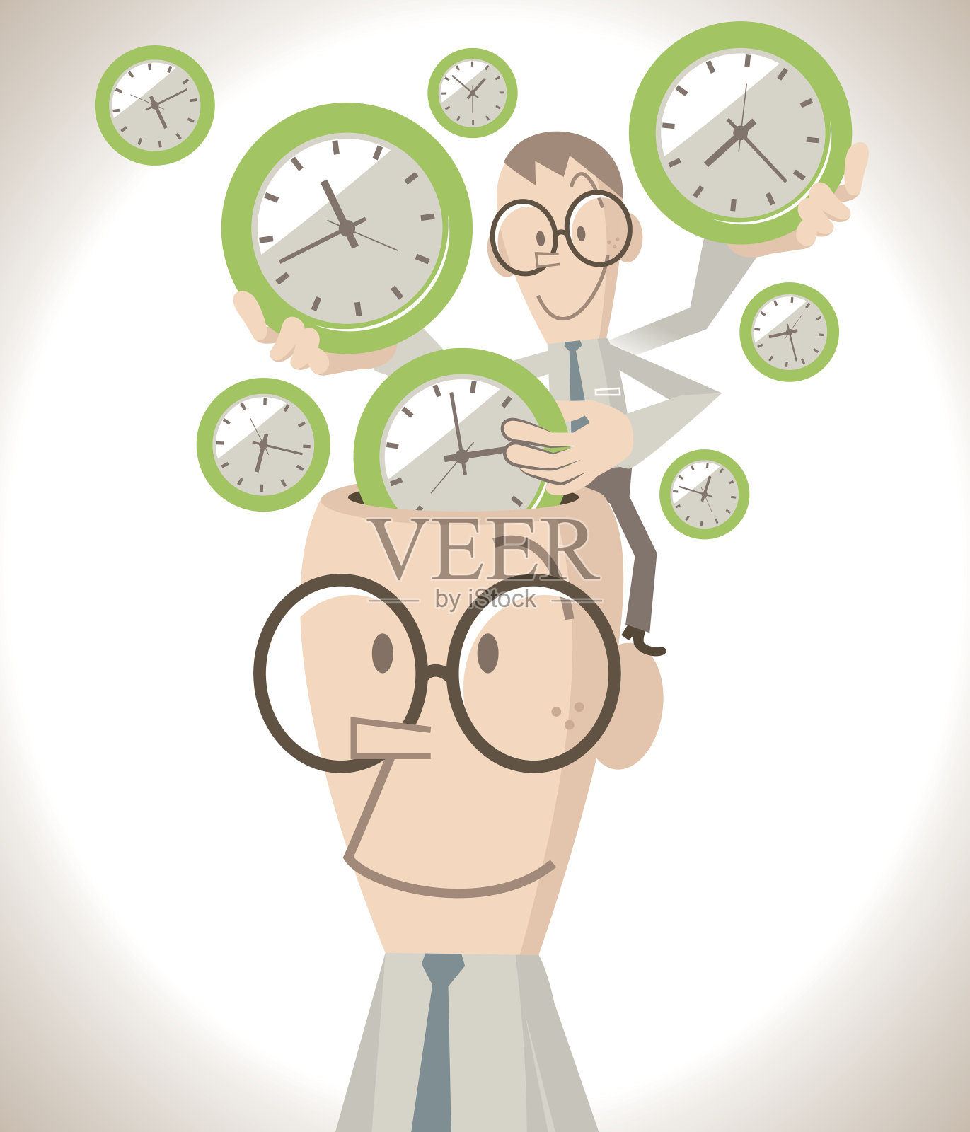 时间管理的概念,快乐的守时商人与开放的头脑,一个小小的微笑的商人把大量的时间时钟放进大脑插画图片素材