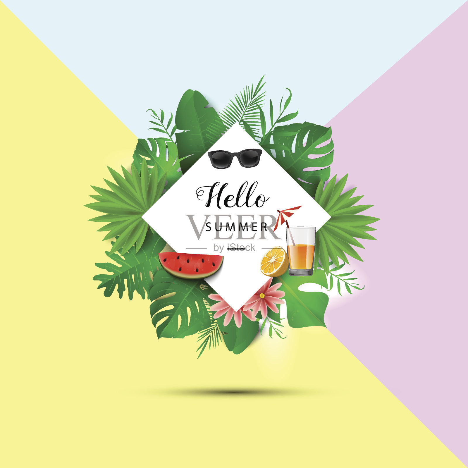 你好,夏天。热带的叶子。矢量插图。带有3d夏威夷树叶、太阳镜、西瓜片和黄色、粉色和蓝色橙汁的夏季横幅插画图片素材