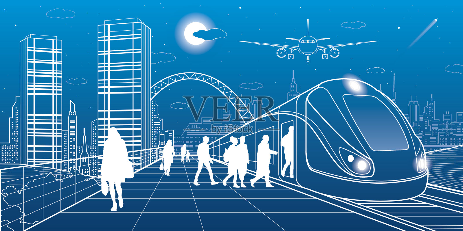 城市和交通插图。乘客上火车,人们在车站。飞机飞行。现代城市的背景,塔和摩天大楼。白线。矢量设计艺术插画图片素材