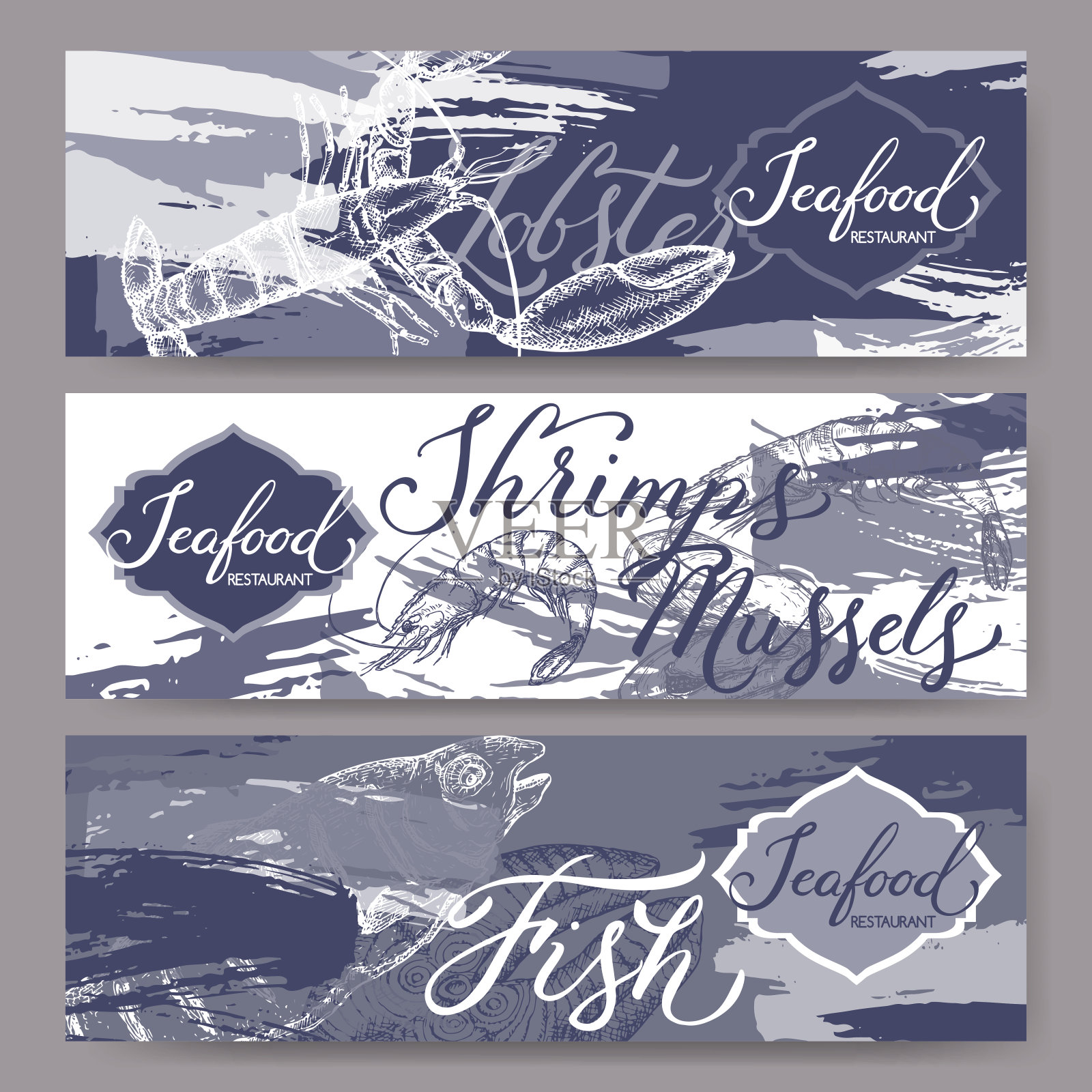 带有鱼、虾、龙虾、牡蛎复古草图和毛笔书法的三张banner插画图片素材
